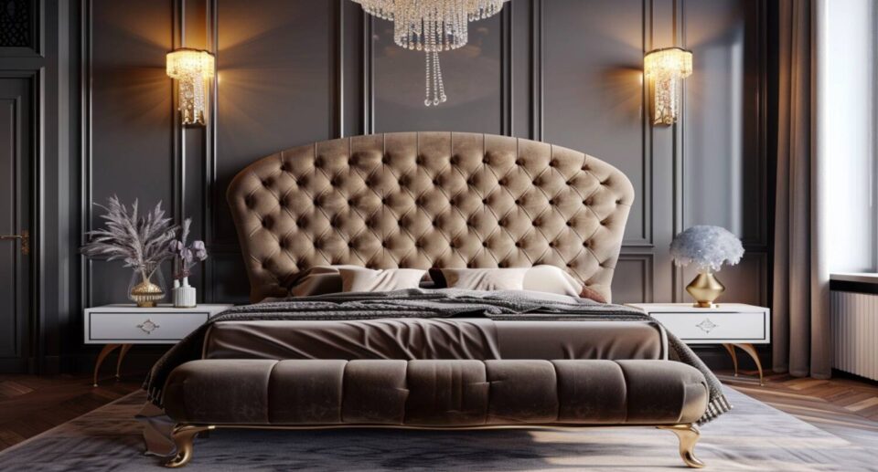 10 inspiracji na urządzenie sypialni w stylu glamour z kryształowymi lampami