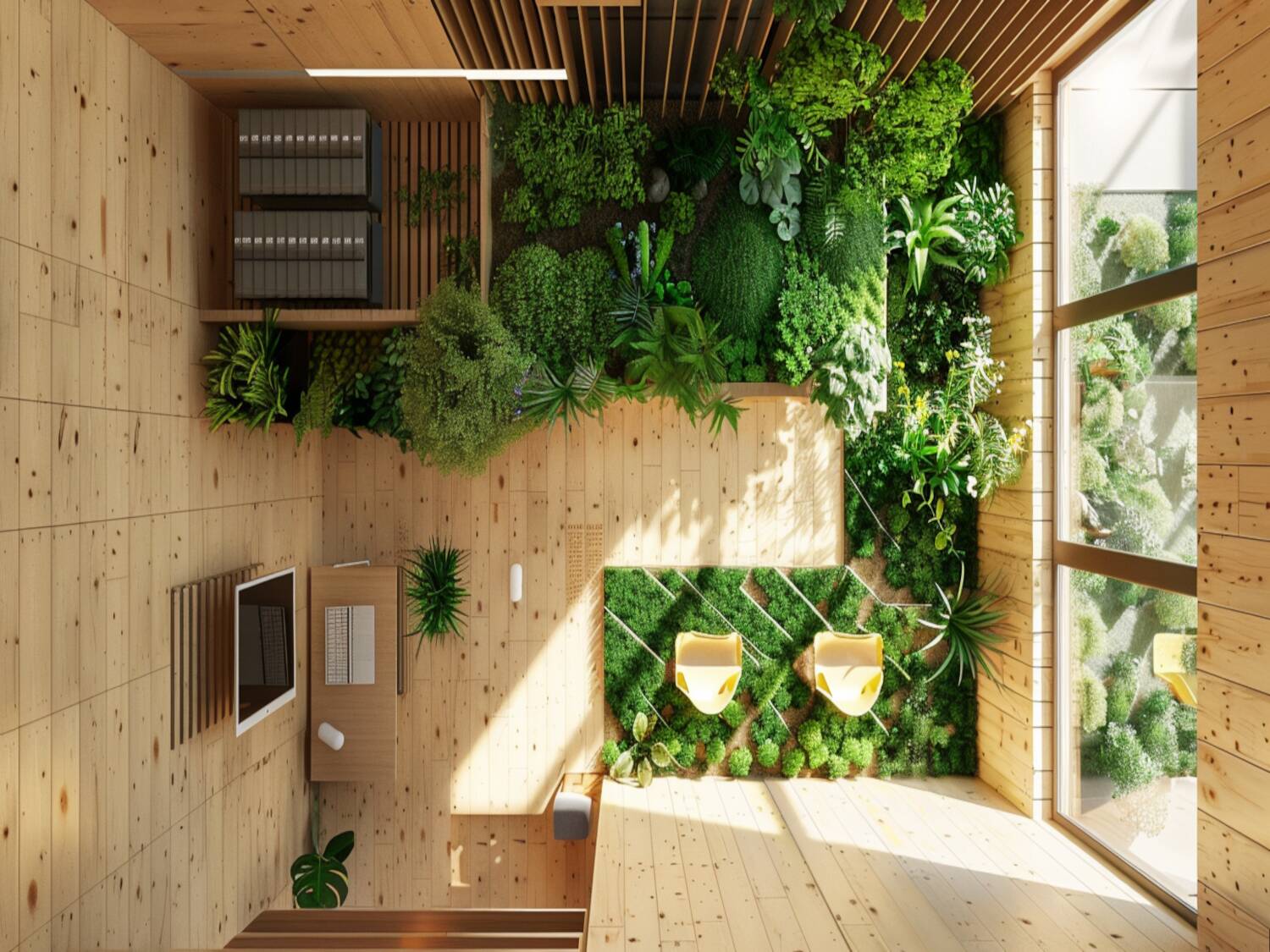 10 inspiracji na wnętrza coworkingowe w stylu eco-friendly z akcentami z drewna.