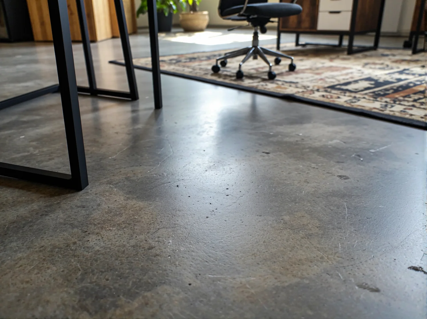 Aranżacja przestrzeni biurowej z wykorzystaniem mebli w stylu industrialnym i surowych dodatków.