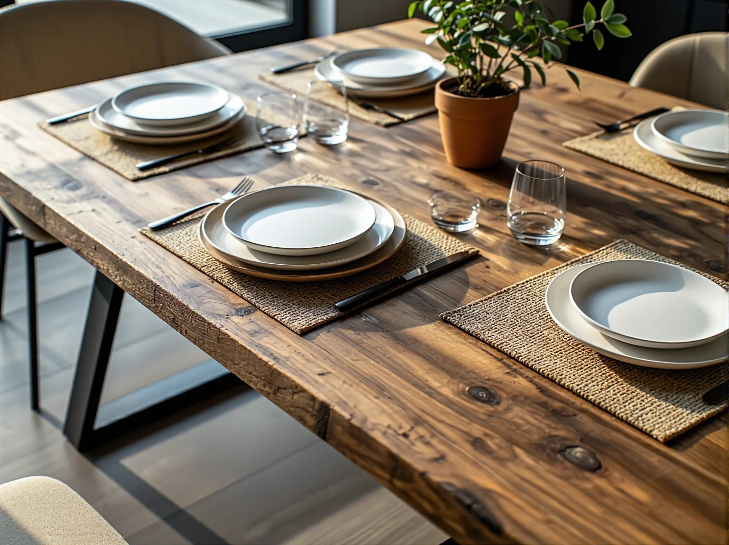 Aranżacja jadalni industrialnej z białymi krzesłami w stylu skandynawskim i surową ceglaną ścianą w tle.