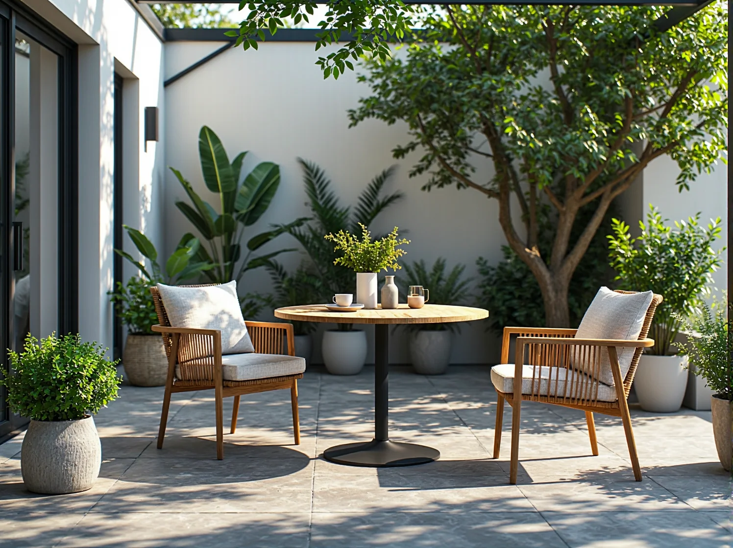 Aranżacja jadalni na tarasie z dużym stołem dla całej rodziny.