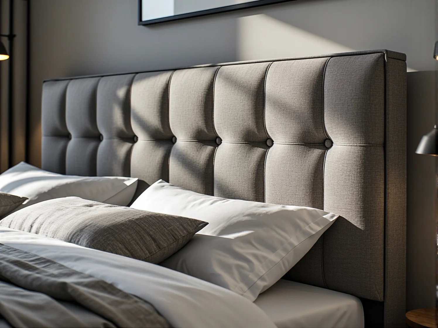 Tapicerowany, bezpieczny zagłówek łóżka kontynentalnego w przytulnym wnętrzu.