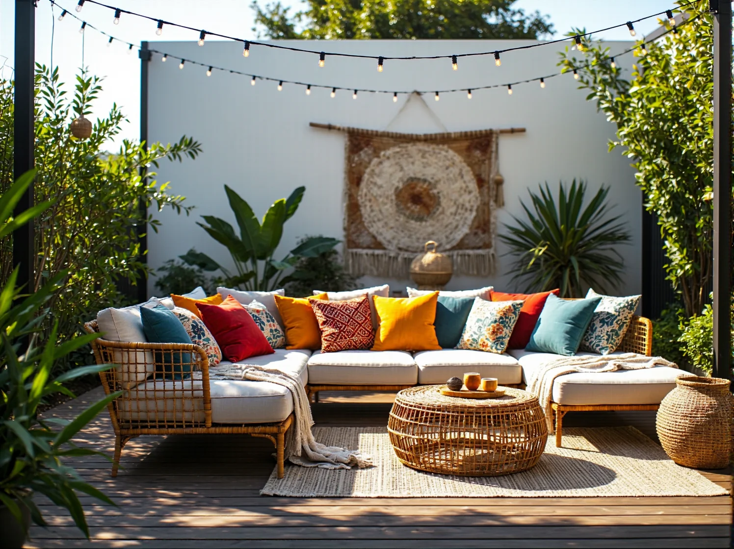 Detale i dodatki boho w ogrodzie: makramy, lampiony i naturalne meble wypoczynkowe.