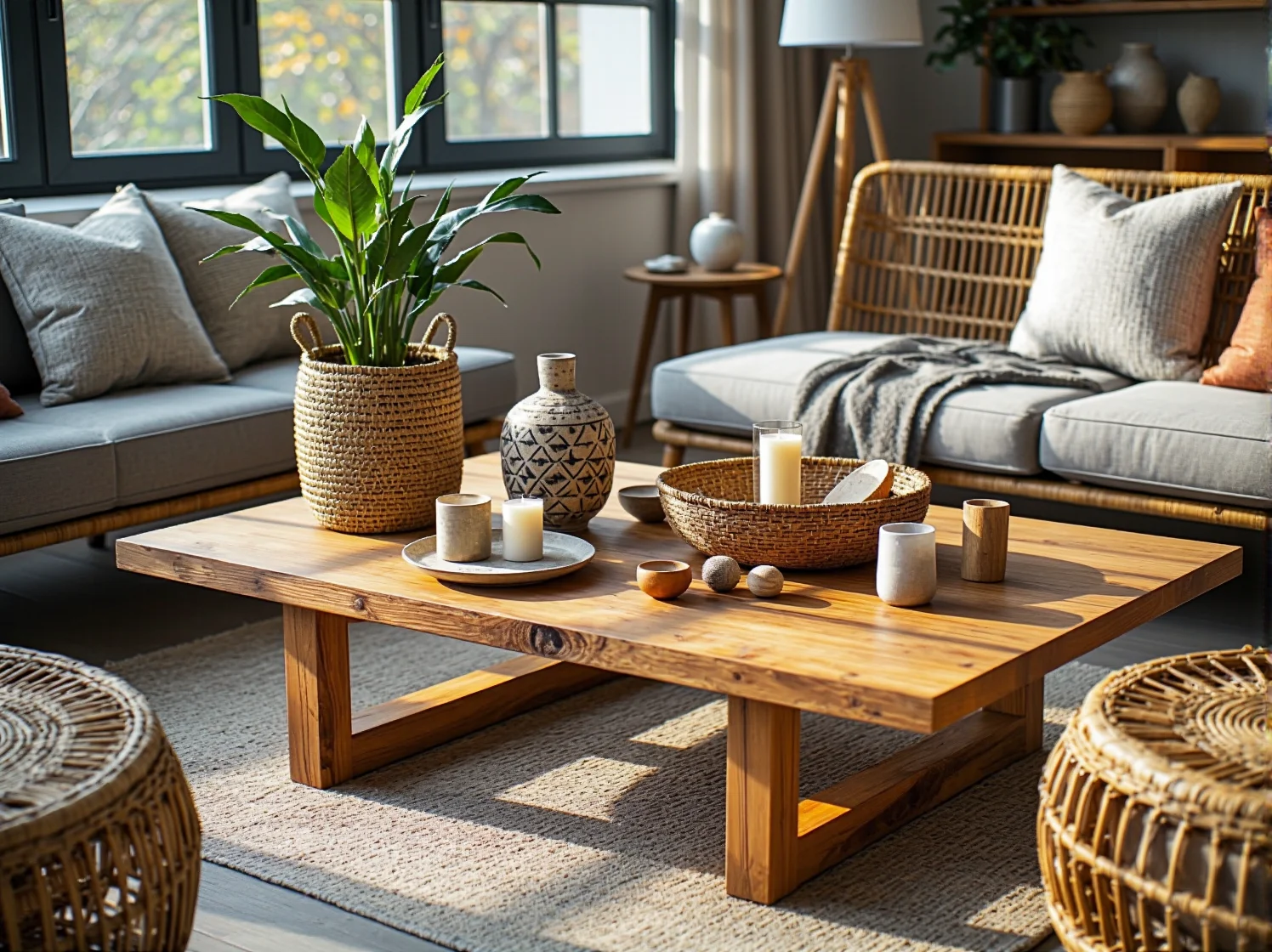 Meble ogrodowe z drewna i rattanu tworzące przytulną oazę spokoju na słonecznym tarasie.