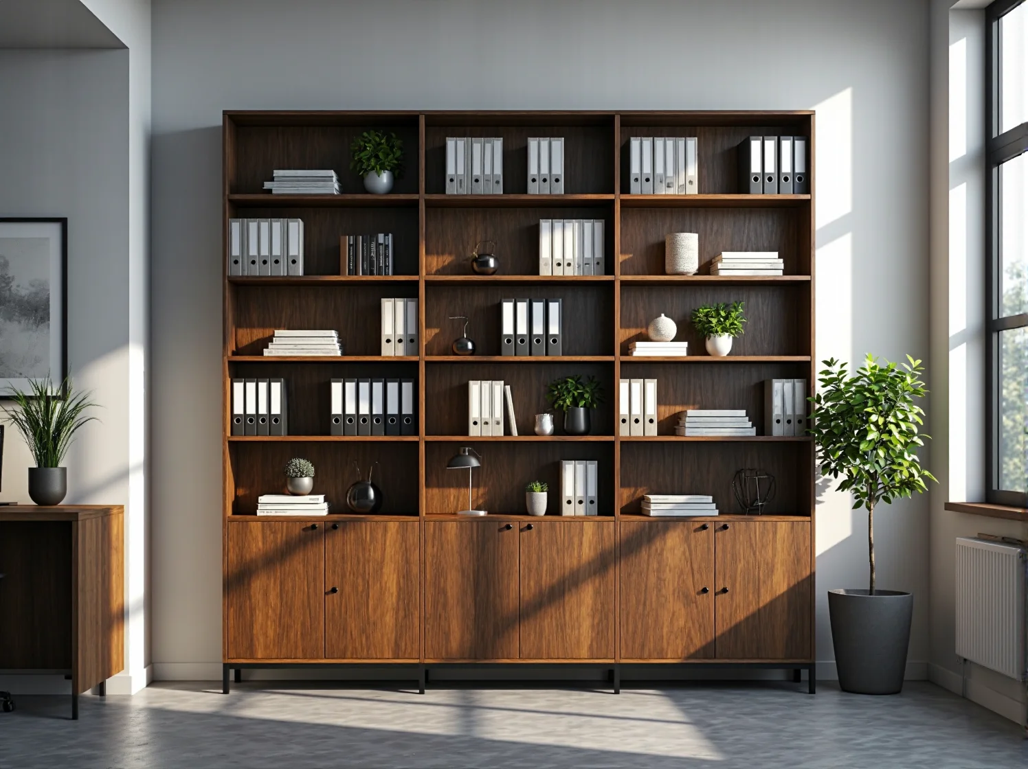 Eleganckie drewniane regały biurowe do gabinetu zapewniające ergonomiczną przestrzeń.