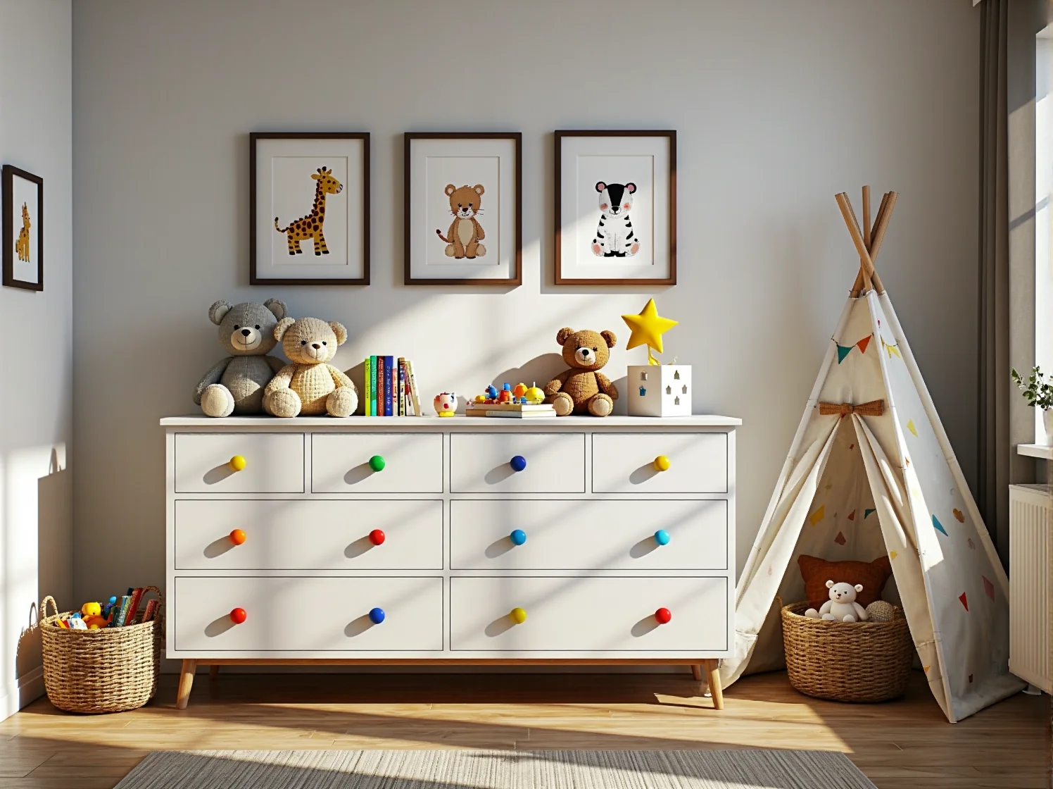 Eleganckie wnętrze z komodą ułatwiającą utrzymanie porządku w sypialni.