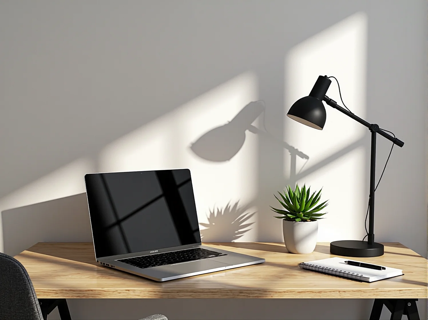 Nowoczesna strefa pracy w małym mieszkaniu wydzielona za pomocą regału z książkami