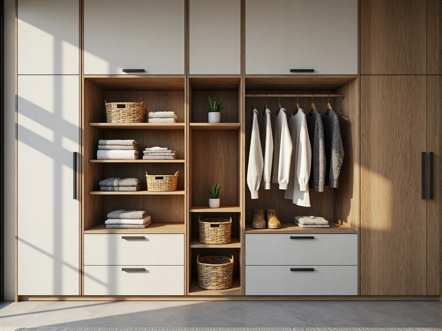 Funkcjonalne wnętrze szafy modułowej z półkami i drążkami w jasnym, minimalistycznym stylu.