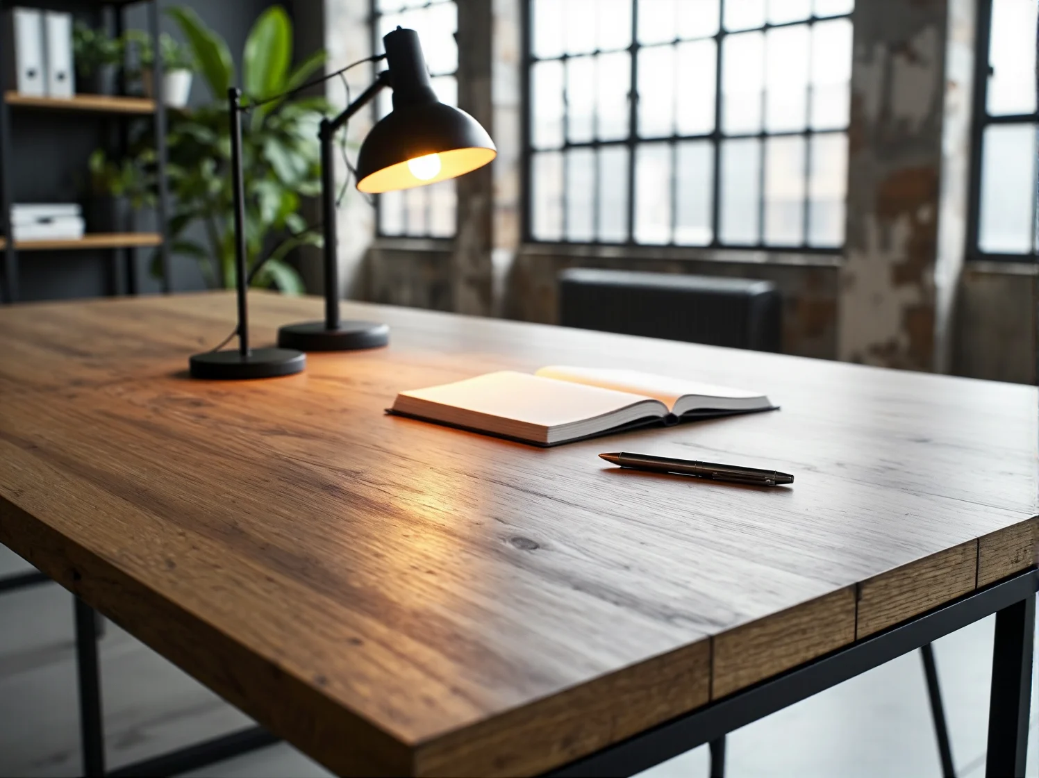 Industrialny regał na dokumenty łączący surową stal i lite drewno w stylowym gabinecie.