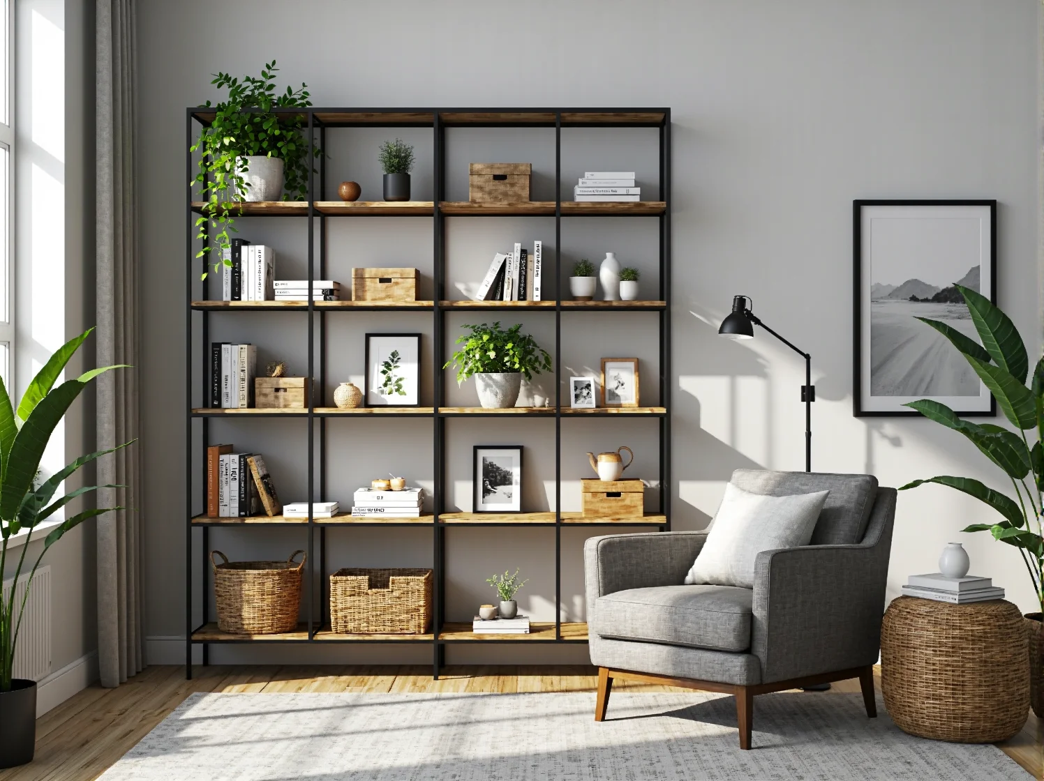 Stylowy regał modułowy jako element dekoracyjny w salonie w stylu loft. Metalowa rama i solidne dębowe półki.