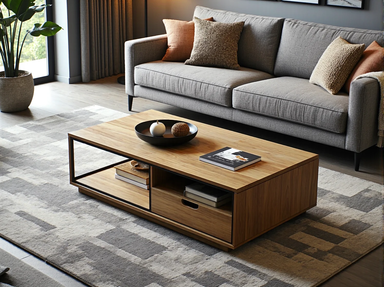 Stylowy stolik kawowy z drewna i metalu w aranżacji salonu, inspiracja do własnego projektu DIY.