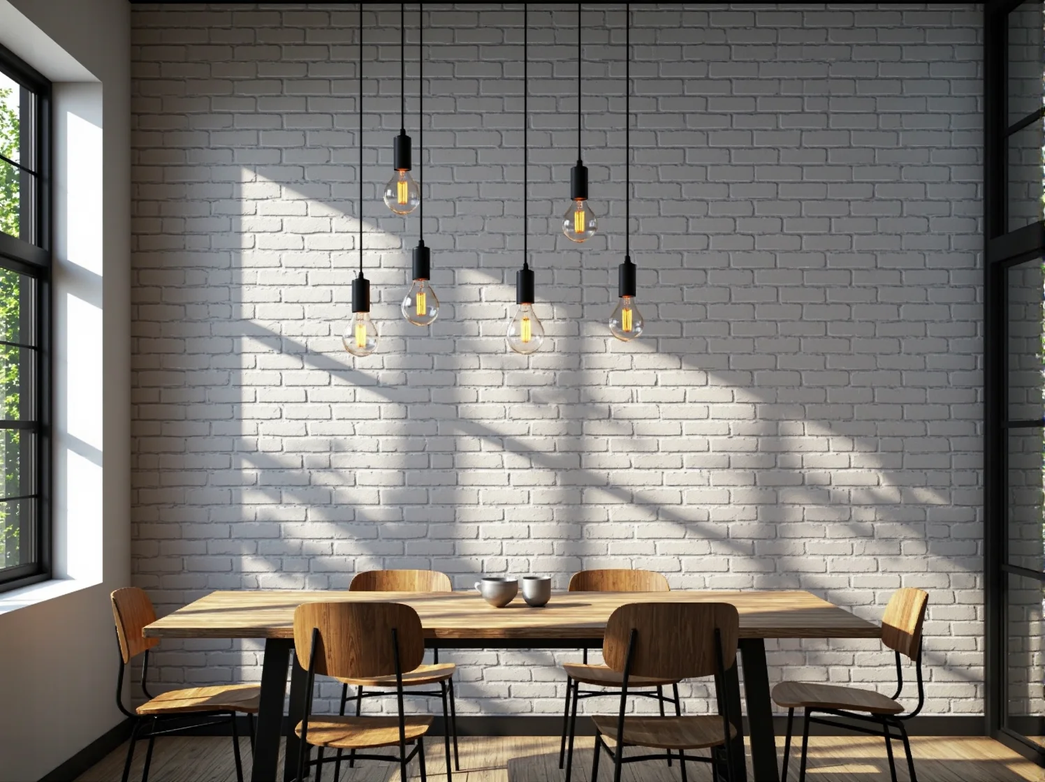 Nowoczesna jadalnia łącząca styl skandynawski i industrialny. Jasne wnętrze z designerską lampą nad stołem.