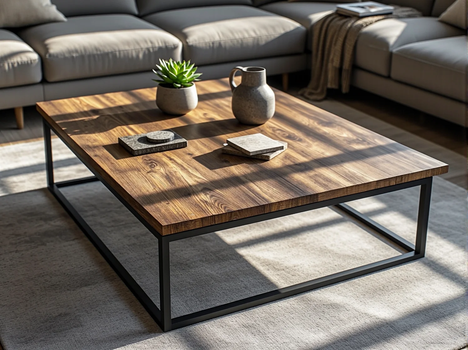 Detal połączenia metalowej nogi z drewnianym blatem stolika, przykład solidnej konstrukcji mebla DIY.