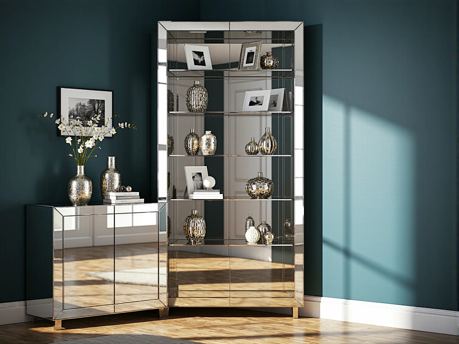 Inspiracja na korytarz w stylu glamour z nowoczesną lustrzaną szafką i lustrem.