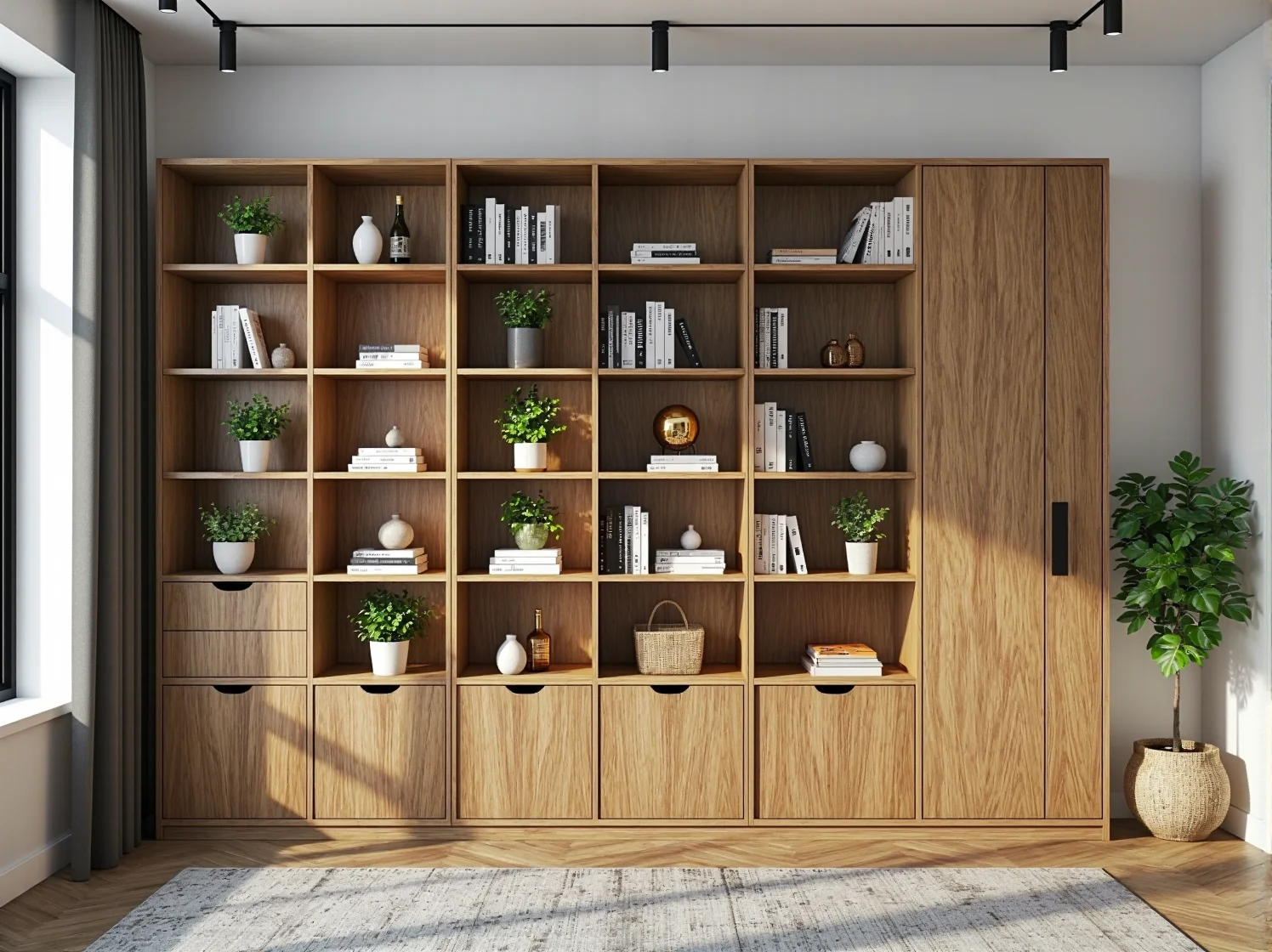 Kreatywny pomysł na małą przestrzeń: składane biurko i półki modułowe tworzące domowe biuro w salonie.