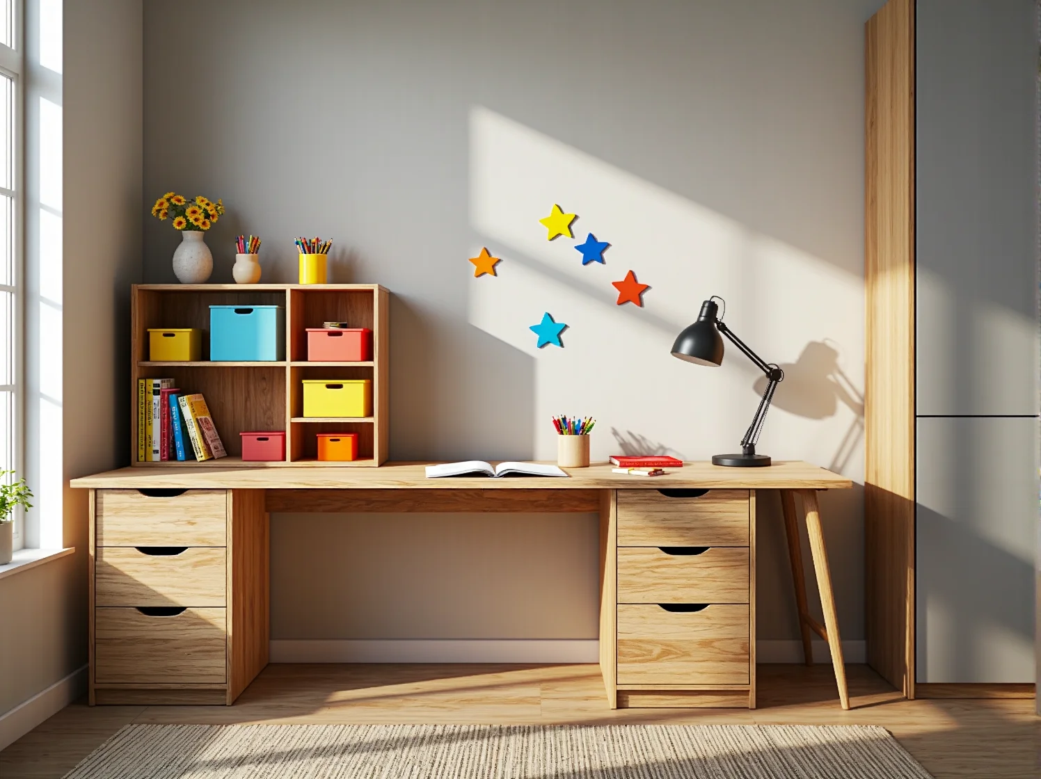 Różowa lampka nocna dla dziewczynki stojąca na szafce. Idealne, delikatne światło do zasypiania dla małego dziecka.