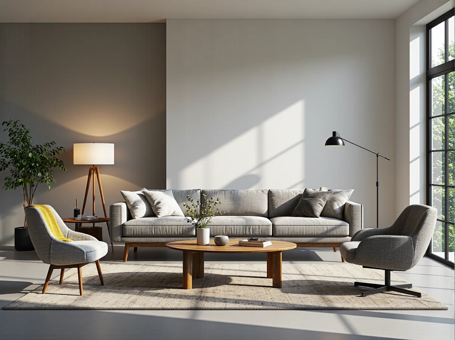 Industrialne lampy wiszące na długich przewodach w wysokim wnętrzu typu loft.