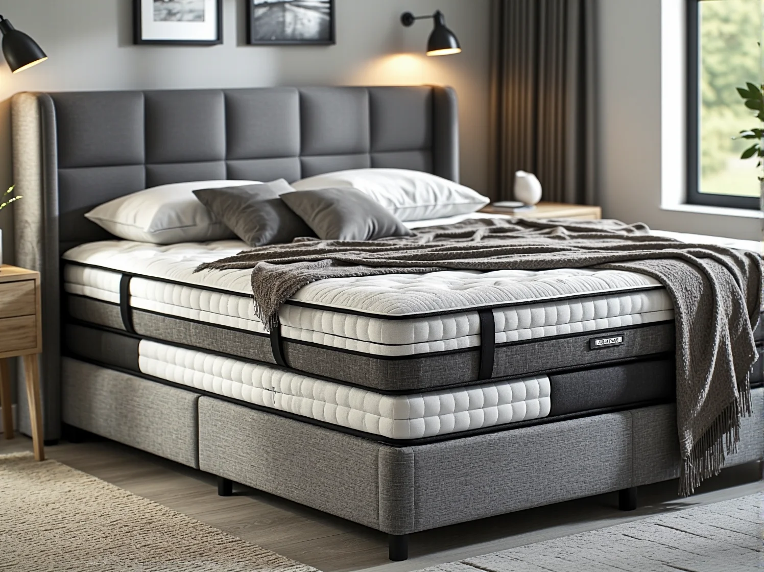 Nowoczesne łóżko kontynentalne z funkcją masażu zapewniające relaks i wygodę.