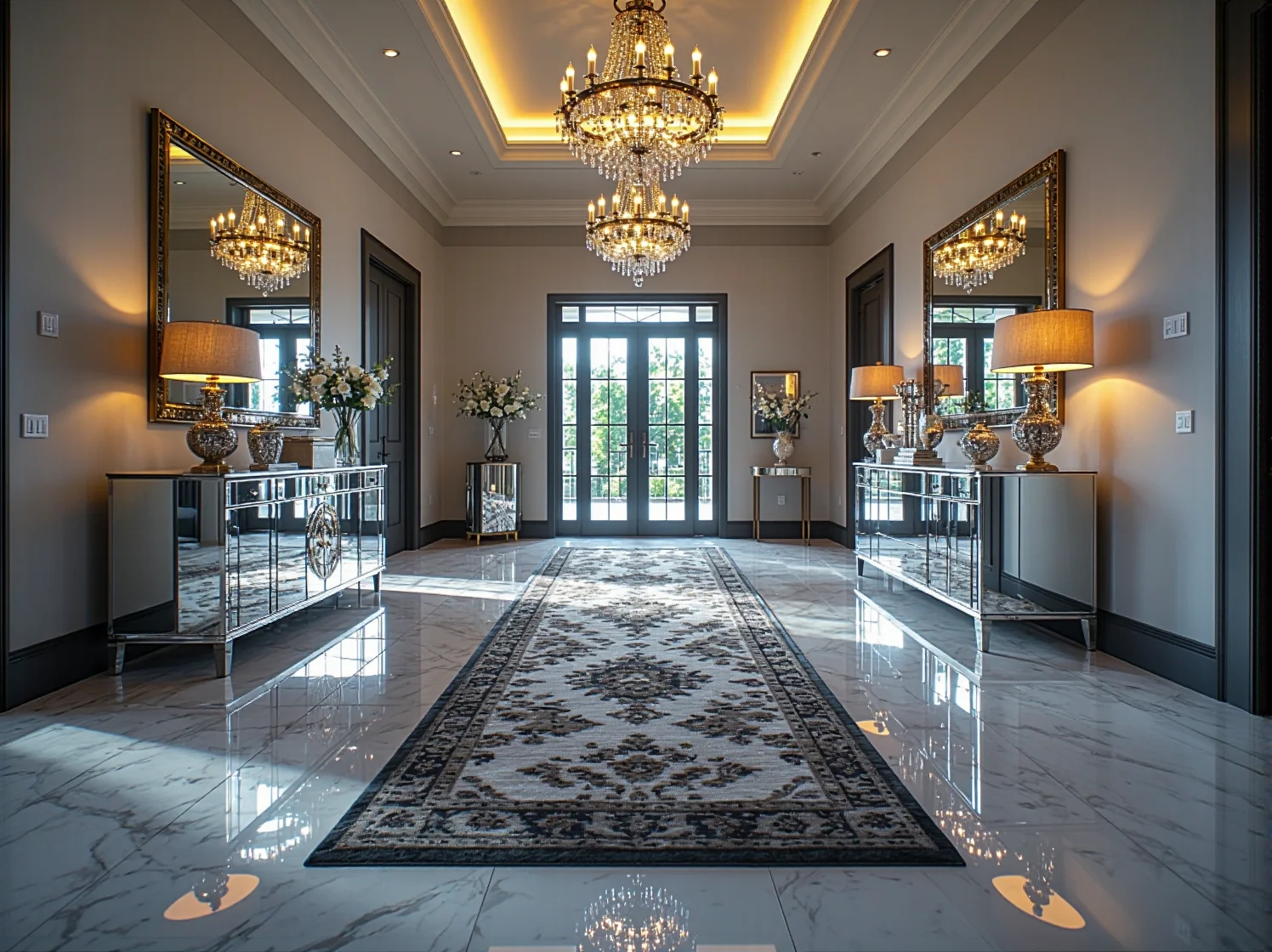 Luksusowa aranżacja przedpokoju: lustrzana komoda i stylowe dodatki glamour.