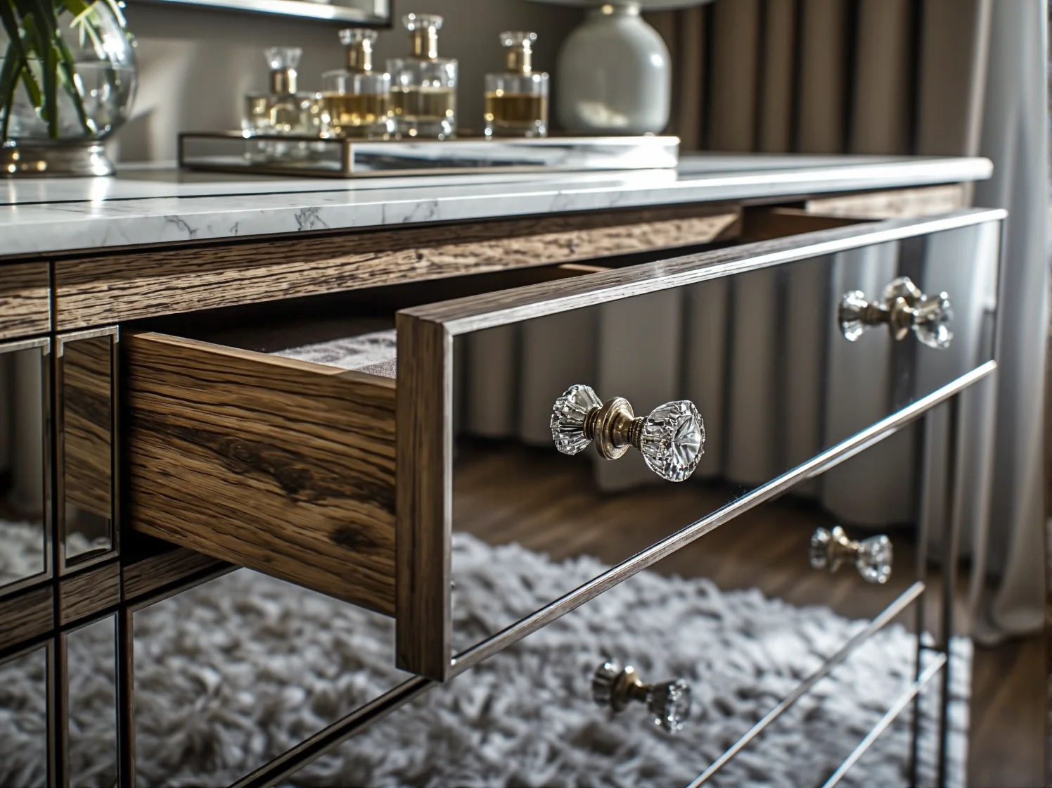 Wąski przedpokój glamour z lustrzanymi meblami optycznie powiększającymi wnętrze.