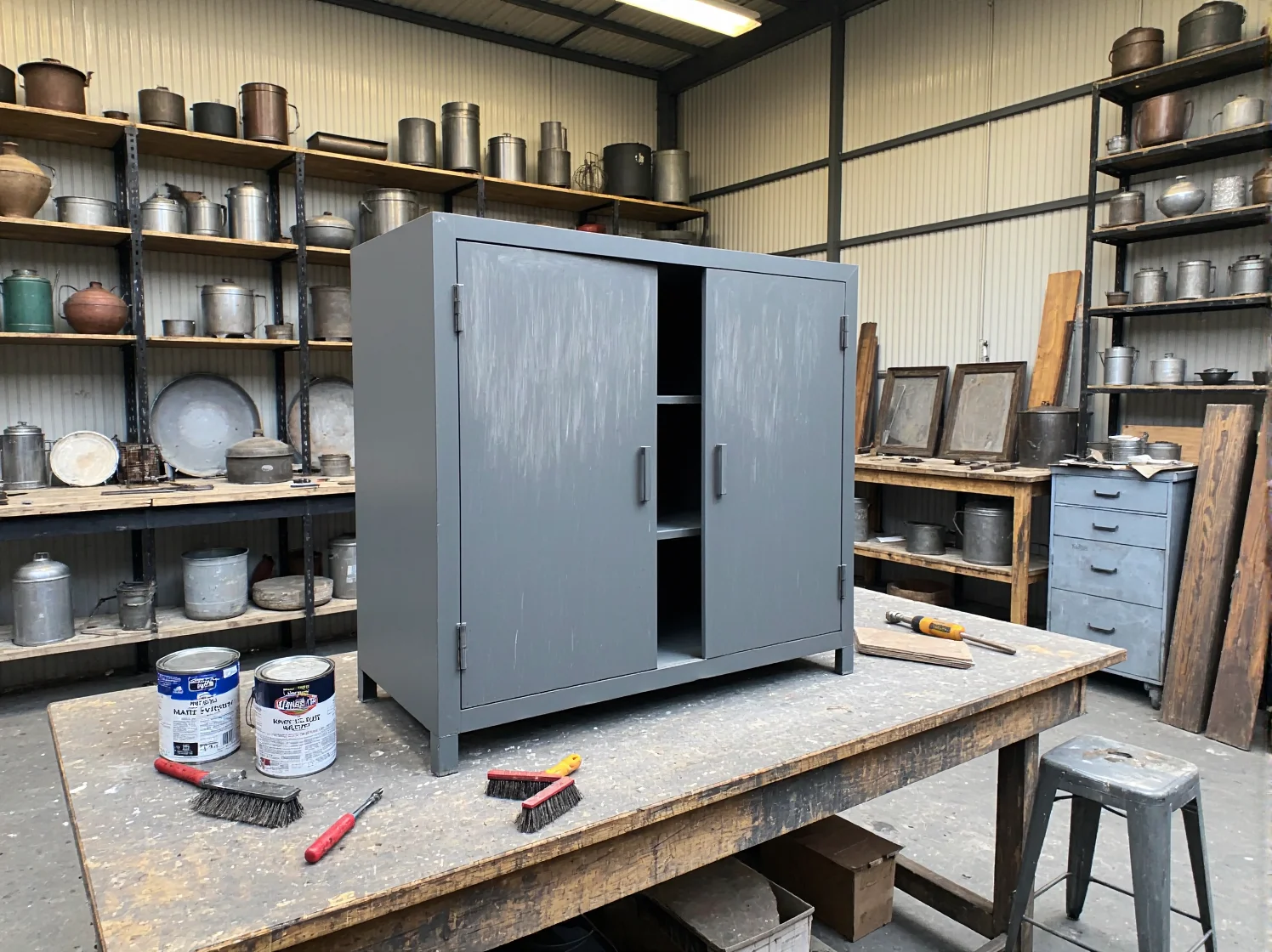 Malowanie proszkowe metalowego krzesła na czarny mat w warsztacie renowacji mebli.