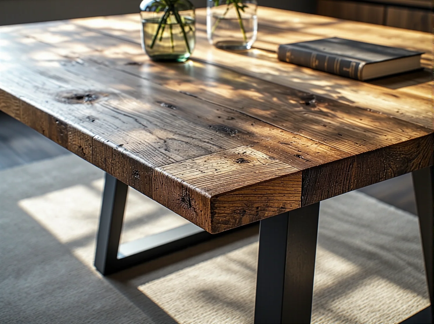 Mały stół barowy industrialny idealny do małej kuchni – połączenie drewna i stali.