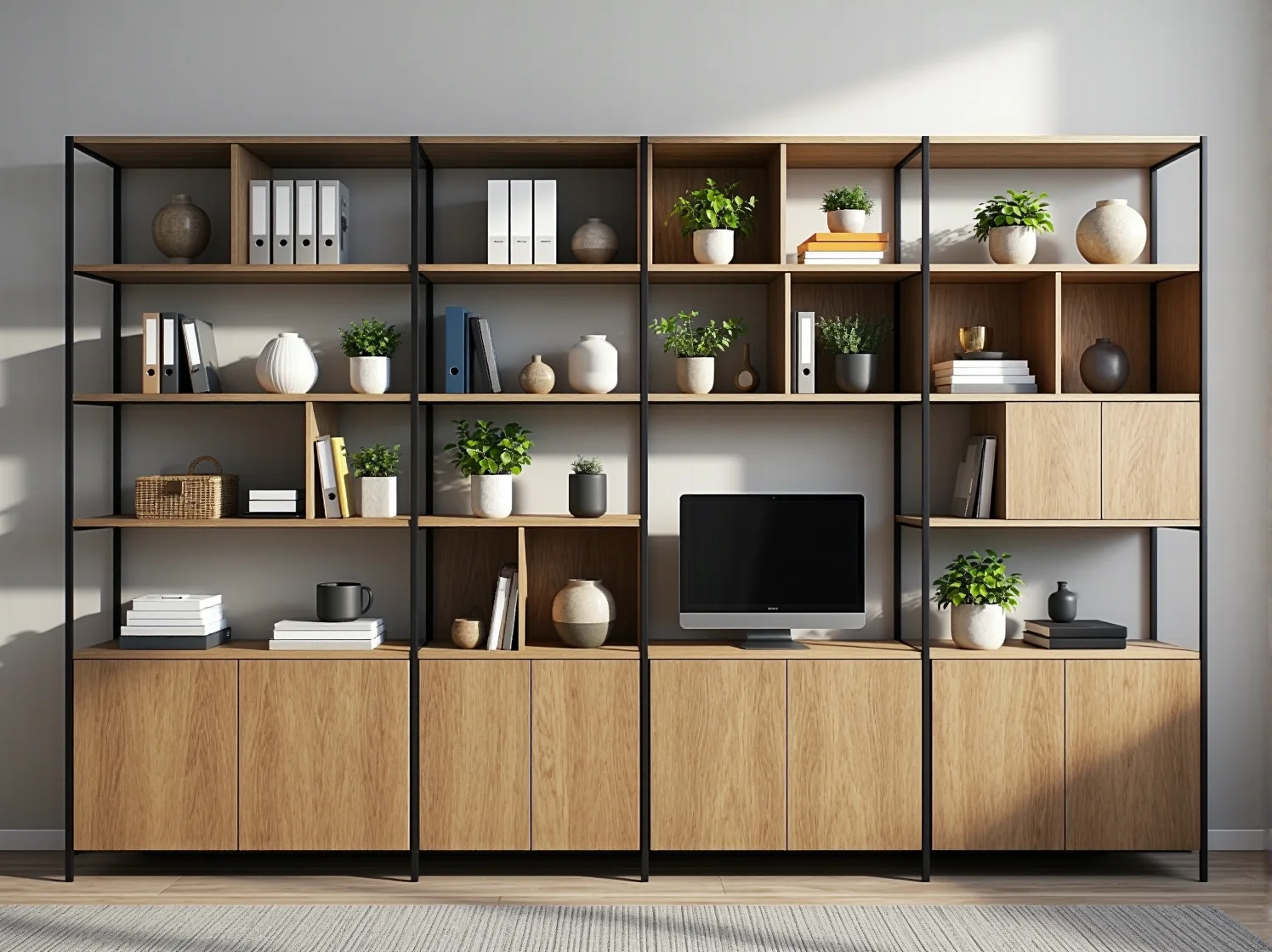 Stylowe regały modułowe oddzielające stanowiska pracy w biurze typu coworking, dbające o akustykę i design.