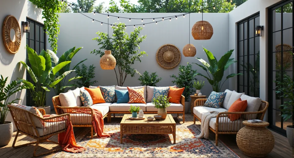 Rattanowy zestaw wypoczynkowy ogrodowy z kolorowymi poduszkami