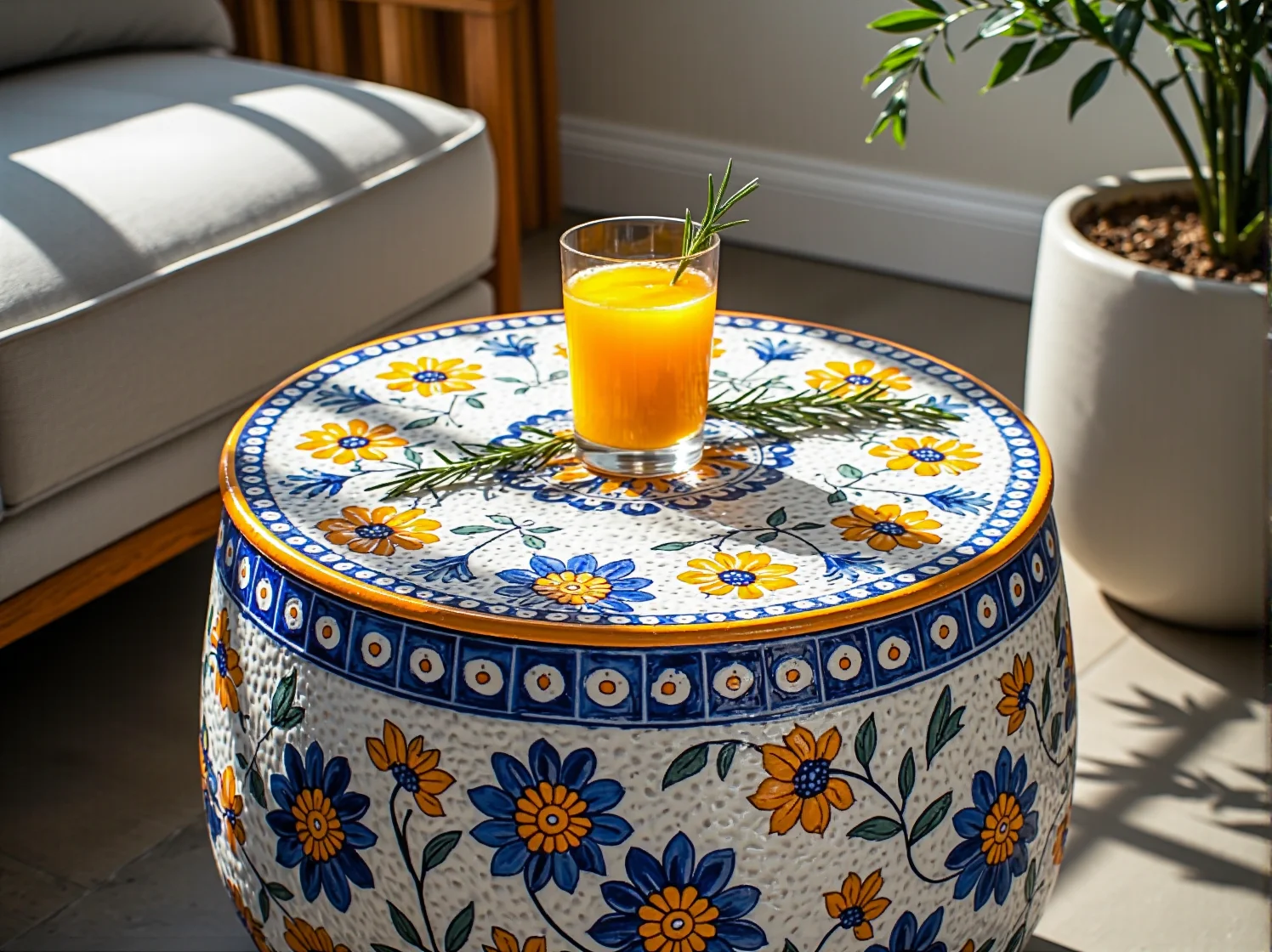 Elegancki zestaw mebli ogrodowych z kutego żelaza w aranżacji śródziemnomorskiej.