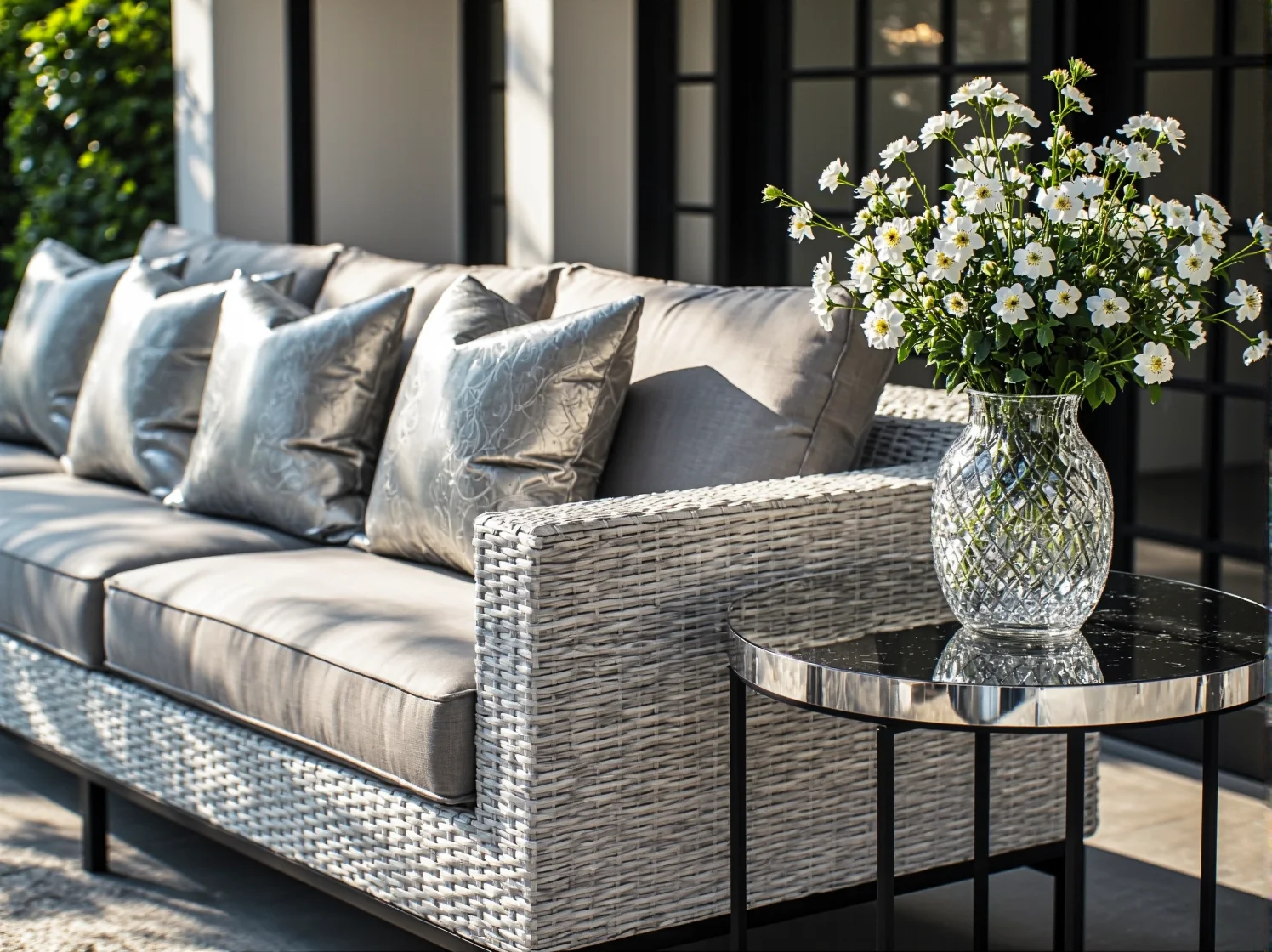 Stylowe meble ogrodowe premium w aranżacji tarasu glamour.