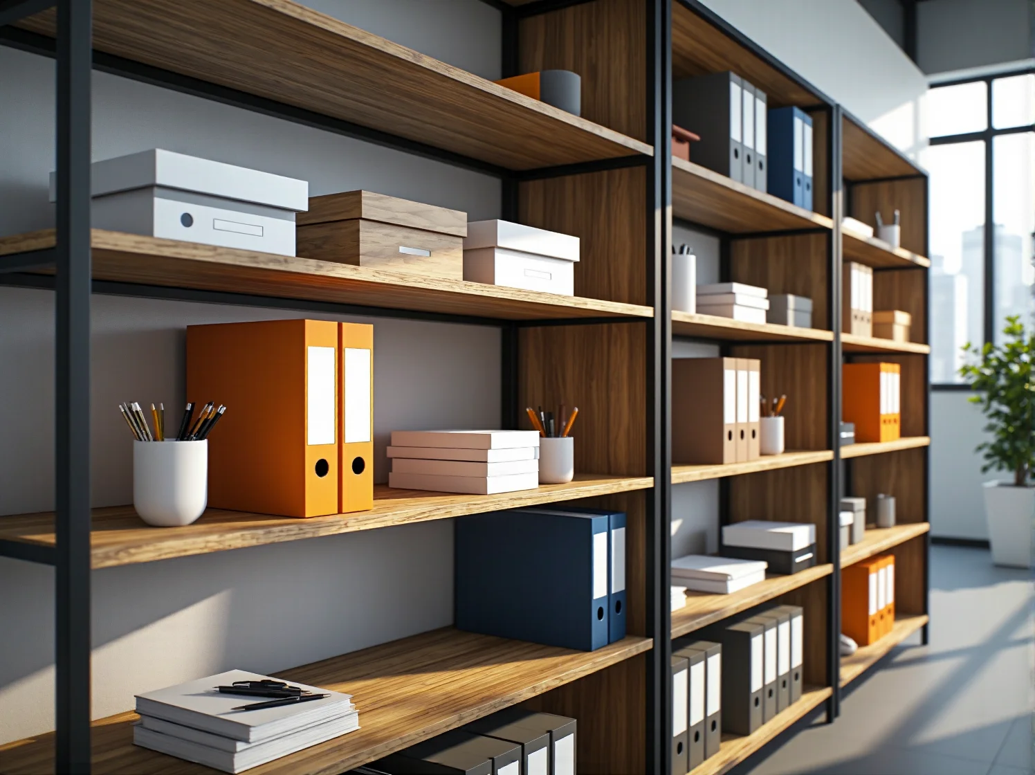 Wytrzymałe metalowe regały biurowe do archiwum i przechowywania dokumentów.