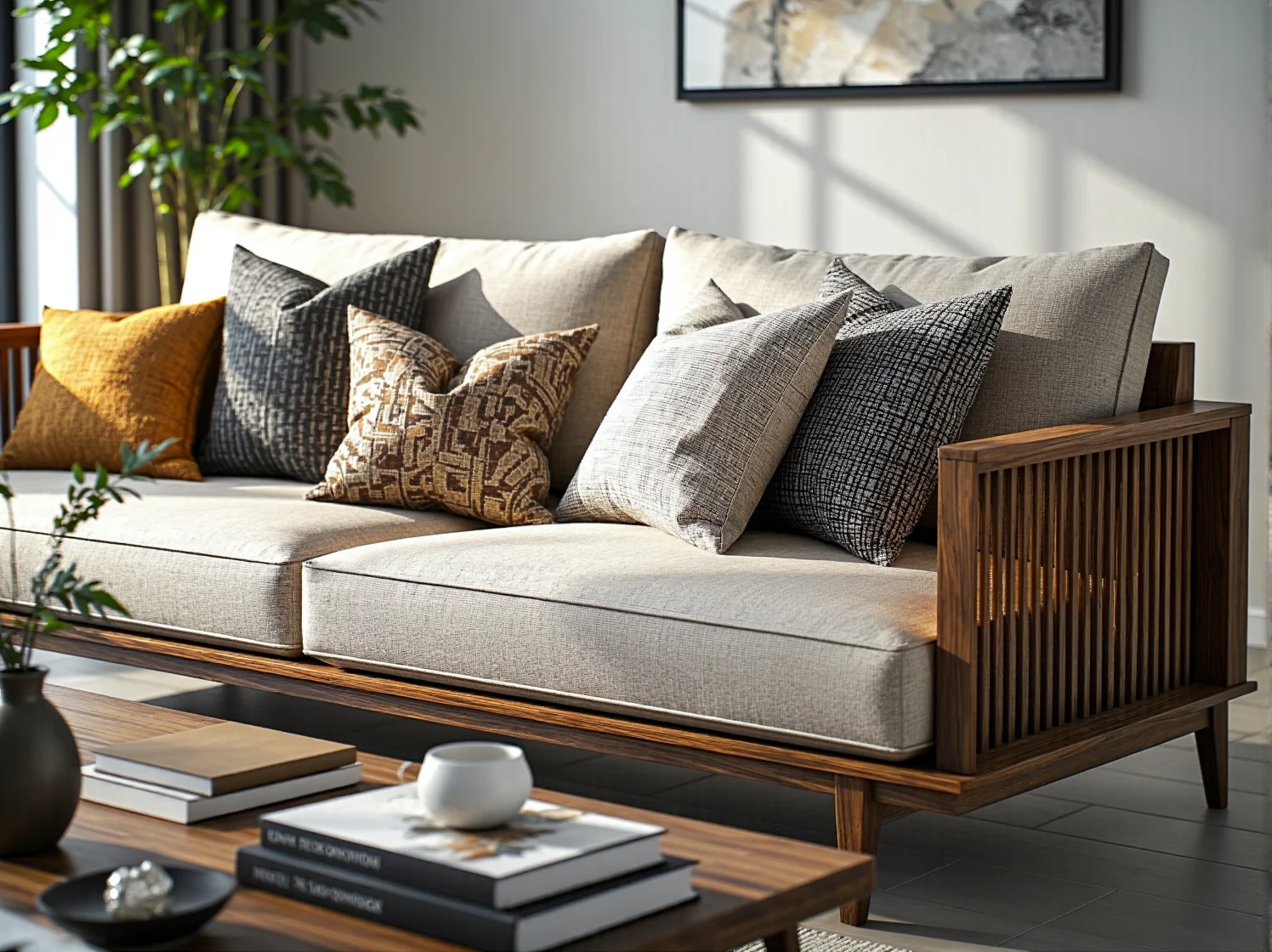 Narożnik z naturalnej tkaniny w kolonialnej aranżacji łączącej klasykę z duchem przygody.