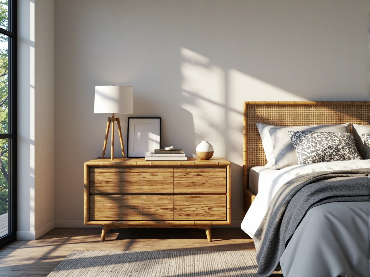 Nowoczesna komoda z bambusa w sypialni, łącząca wyjątkową trwałość z minimalistyczną estetyką.