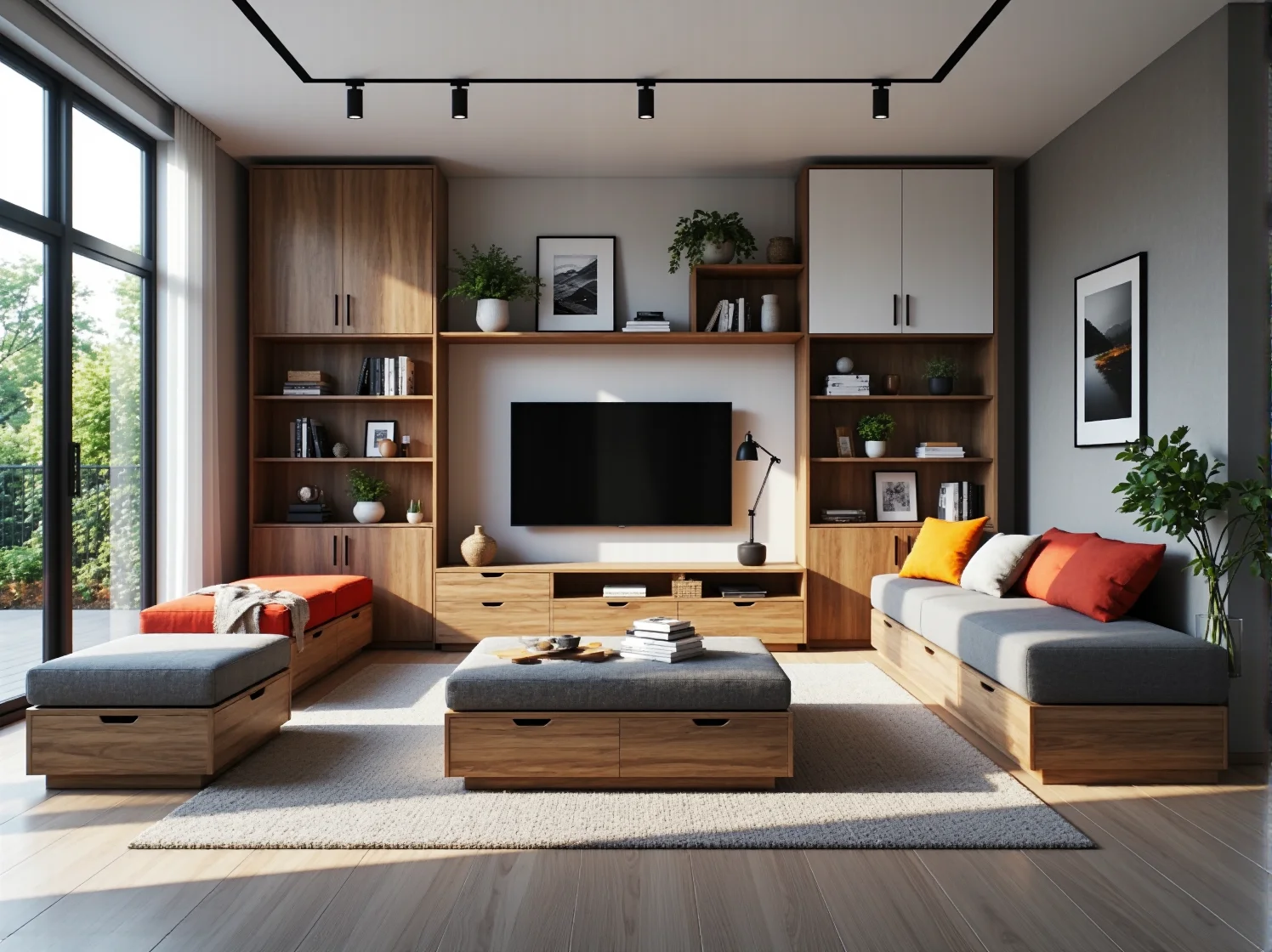 Nowoczesna sypialnia z meblami modułowymi. Łóżko z wbudowanymi schowkami i szafkami dla lepszej organizacji.