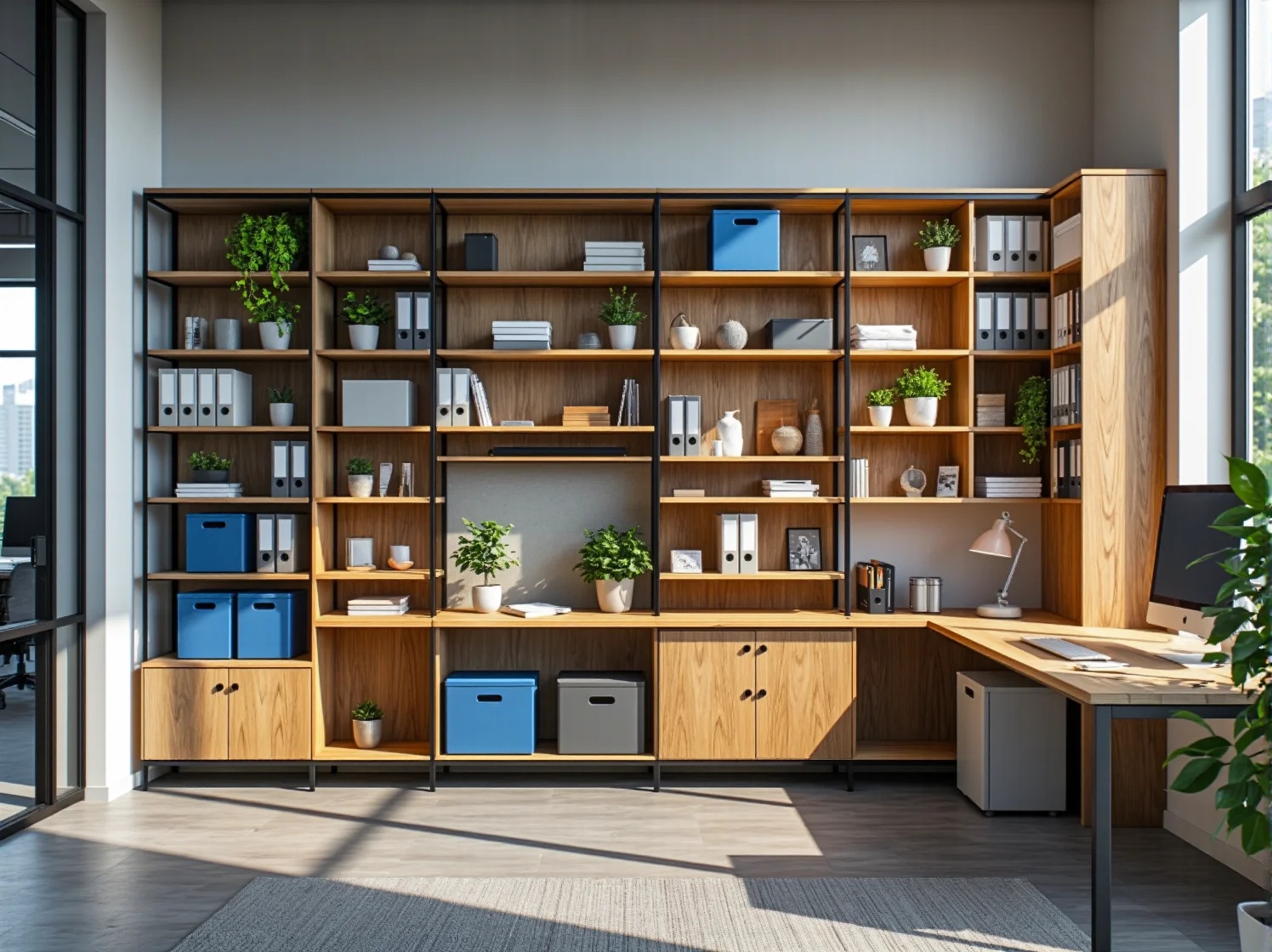 Praktyczne regały modułowe do biura coworkingowego, umożliwiające łatwe przechowywanie dokumentów i sprzętu.