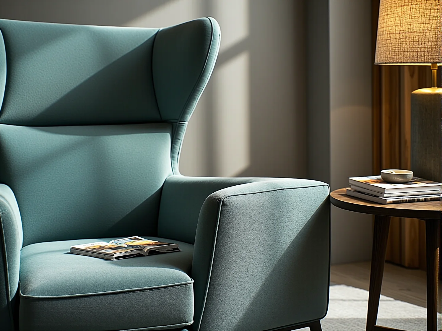 Nowoczesny fotel do przestrzeni lounge w hotelu. Szary, tapicerowany mebel jako element stylowego wystroju lobby.