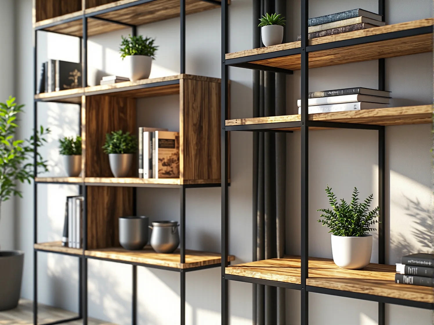 Nowoczesny regał industrialny łączący metal i drewno. Modułowa konstrukcja pozwala na dowolną aranżację wnętrza.