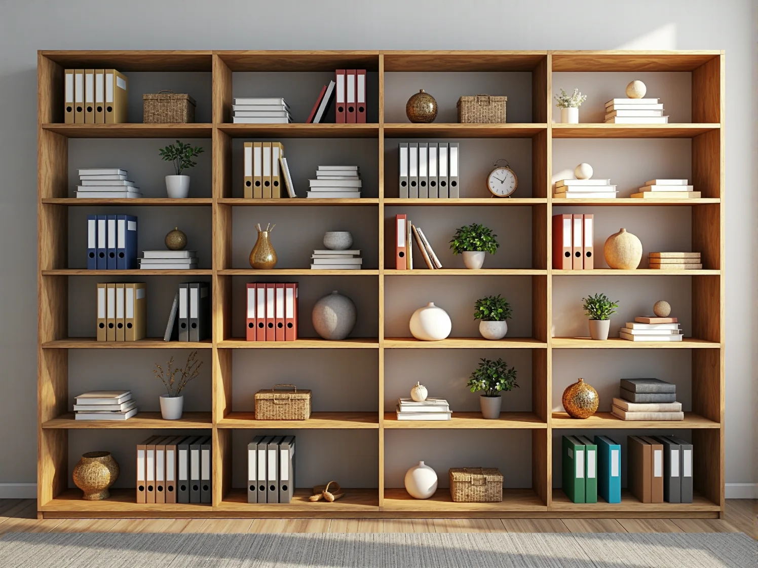 Aranżacja mebli biurowych z regałami modułowymi, które optymalizują przestrzeń w nowoczesnym coworkingu.