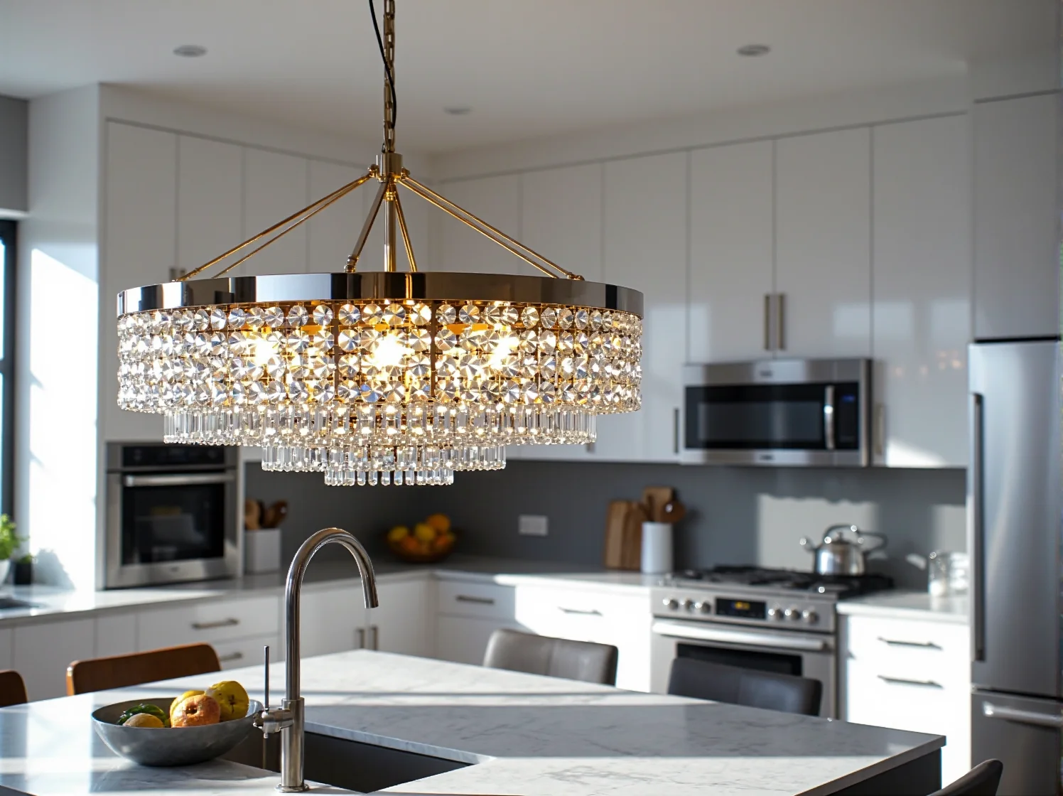 Nowoczesna kuchnia z jadalnią w stylu glamour oświetlona przez designerskie lampy wiszące nadające wnętrzu blichtru.