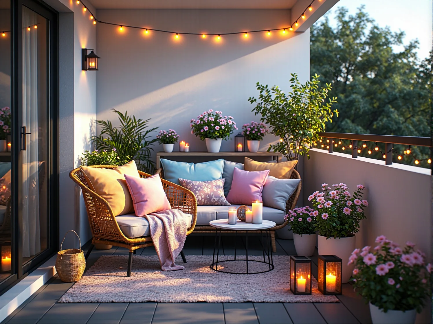 Detal oświetlenia LED w pastelowych odcieniach na eleganckim balkonie urządzonym w stylu glamour.