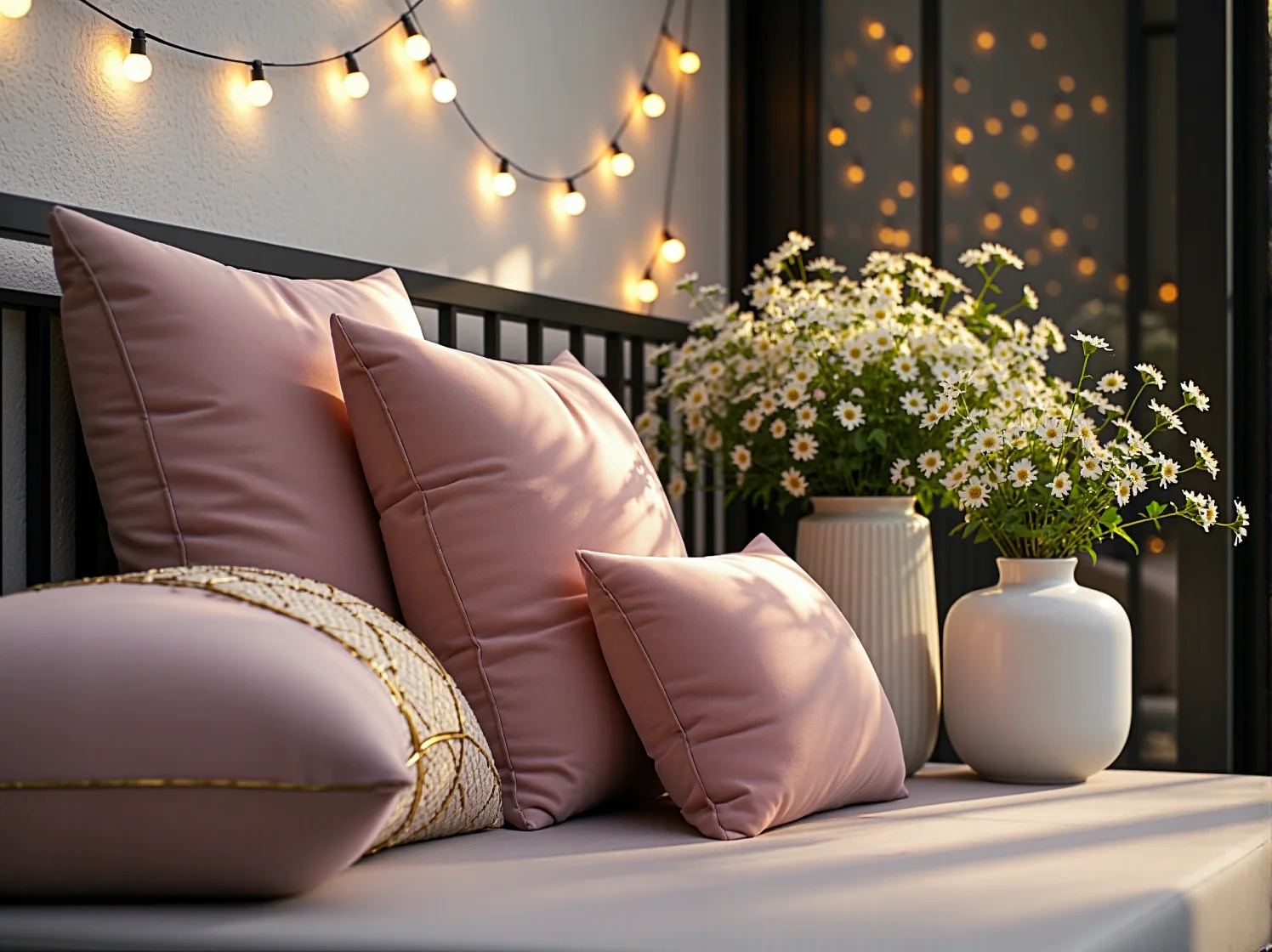 Pastelowe lampy LED na balkonie glamour podkreślające nowoczesny design i luksusowy charakter przestrzeni.