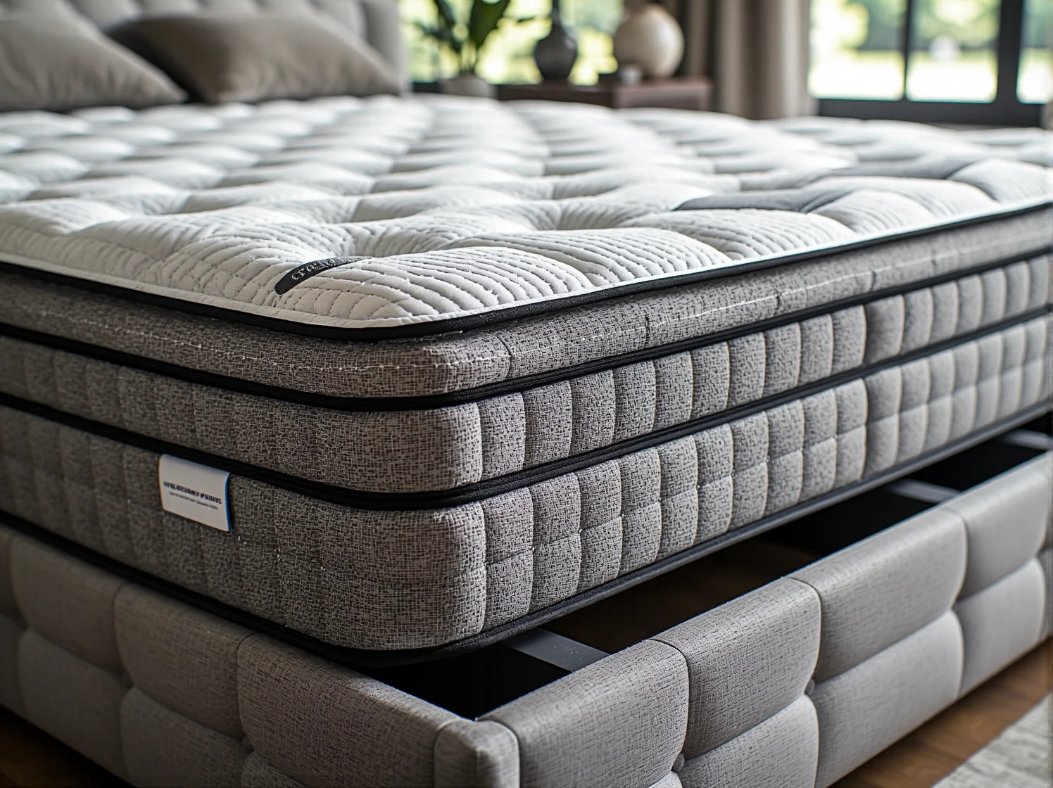 Różne preparaty do usuwania starych powłok z drewna stojące na drewnianym blacie, w tle widoczne odnawiane łóżko.