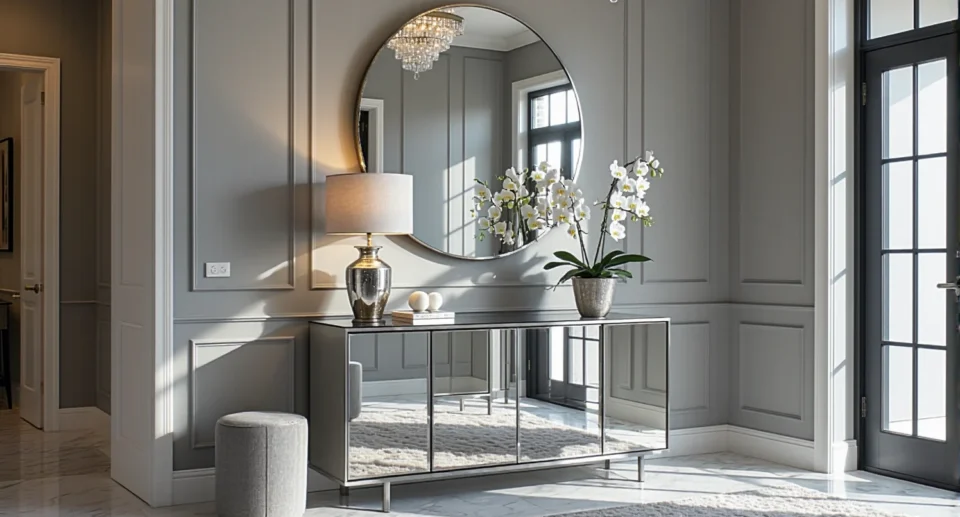 Lustrzana konsola glamour z czterema drzwiami na srebrnych nóżkach