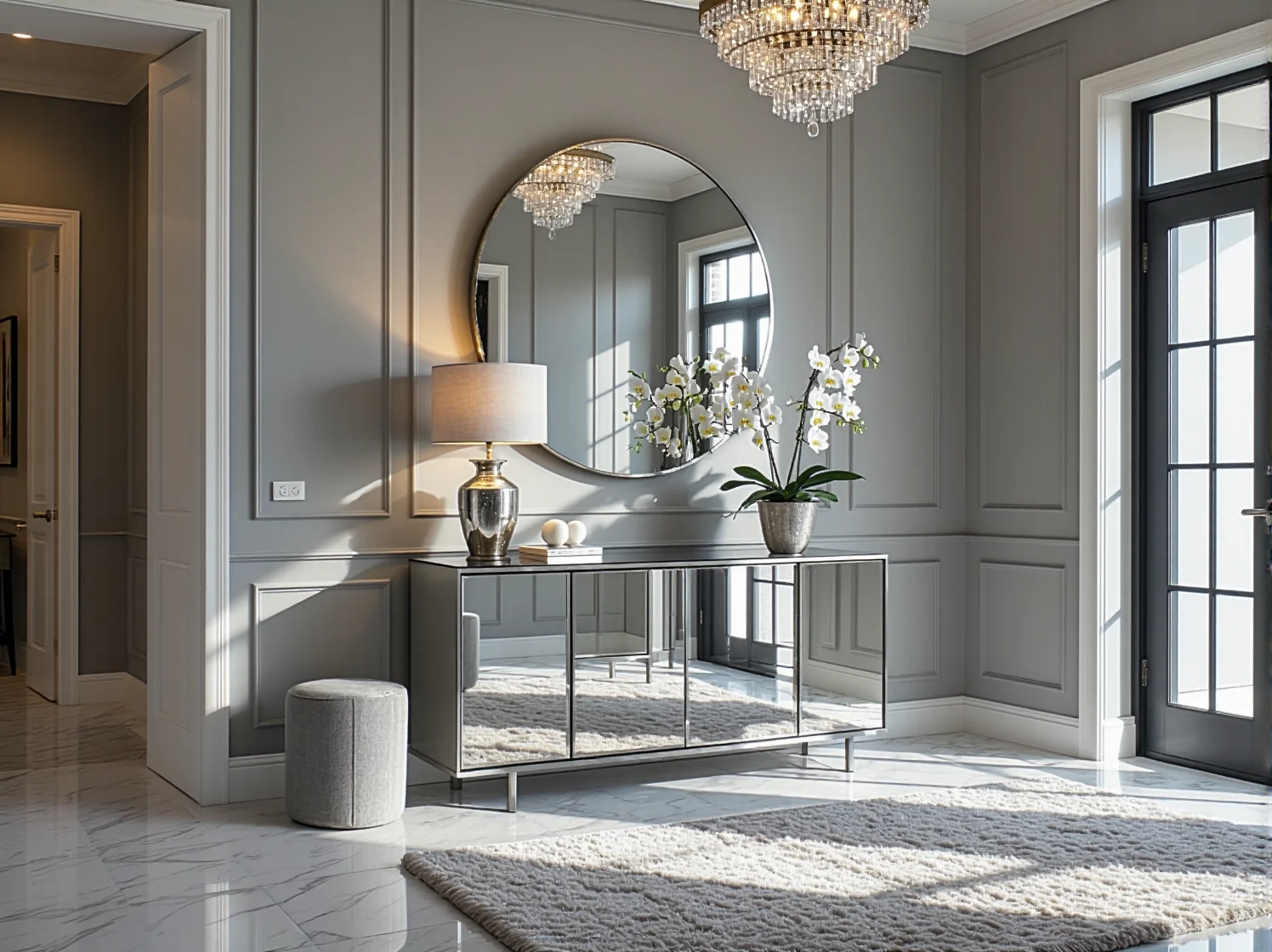 Przedpokój w stylu glamour: 10 inspiracji z lustrzanymi meblami