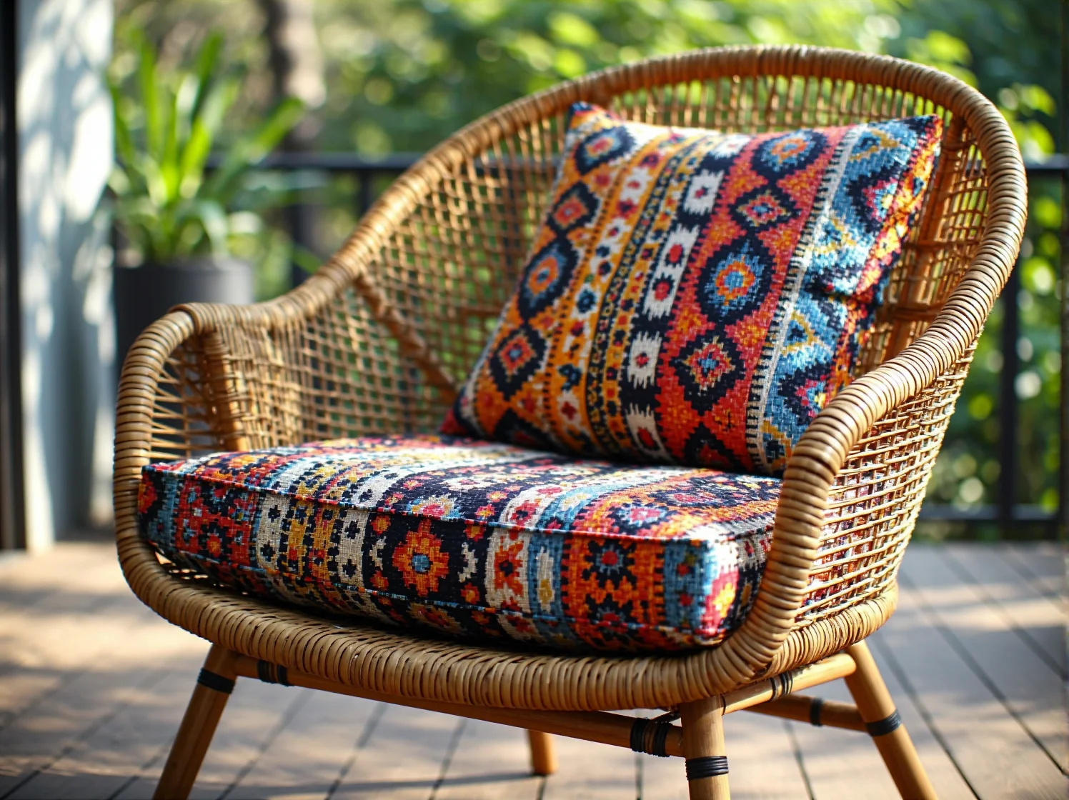 Rattanowy fotel wiszący i drewniane meble ogrodowe w aranżacji tarasu w stylu boho.