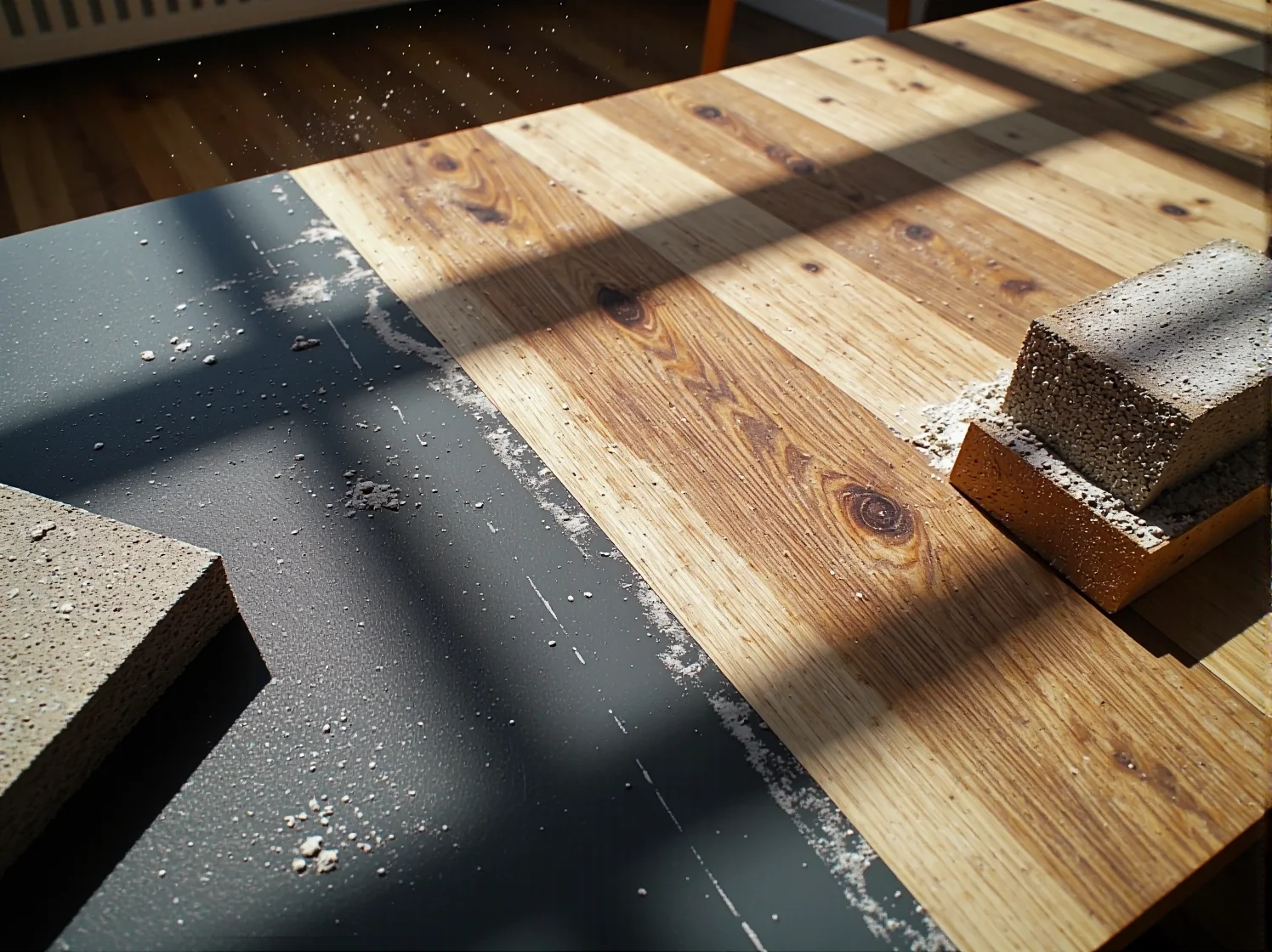 Zestaw pędzli i specjalistycznych preparatów do renowacji i personalizacji mebli, leżący na drewnianym blacie.