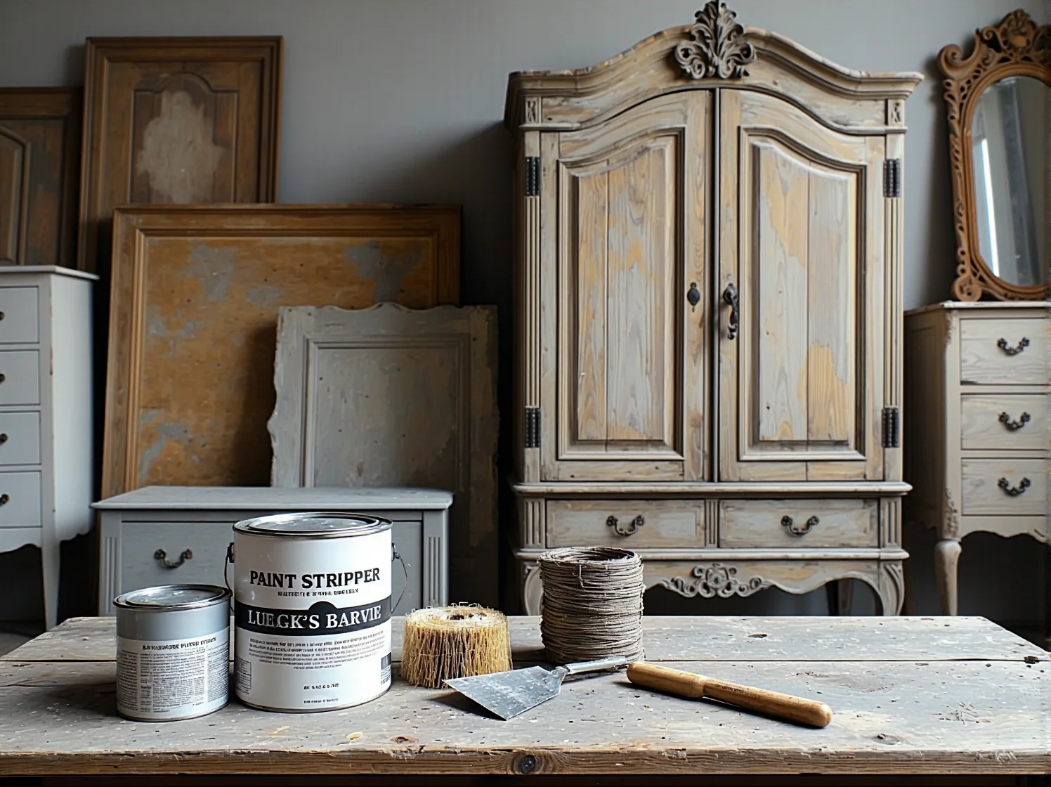 Dłonie w rękawicach ochronnych ściągające starą powłokę z mebla. Renowacja mebli jako sposób na ich personalizację.