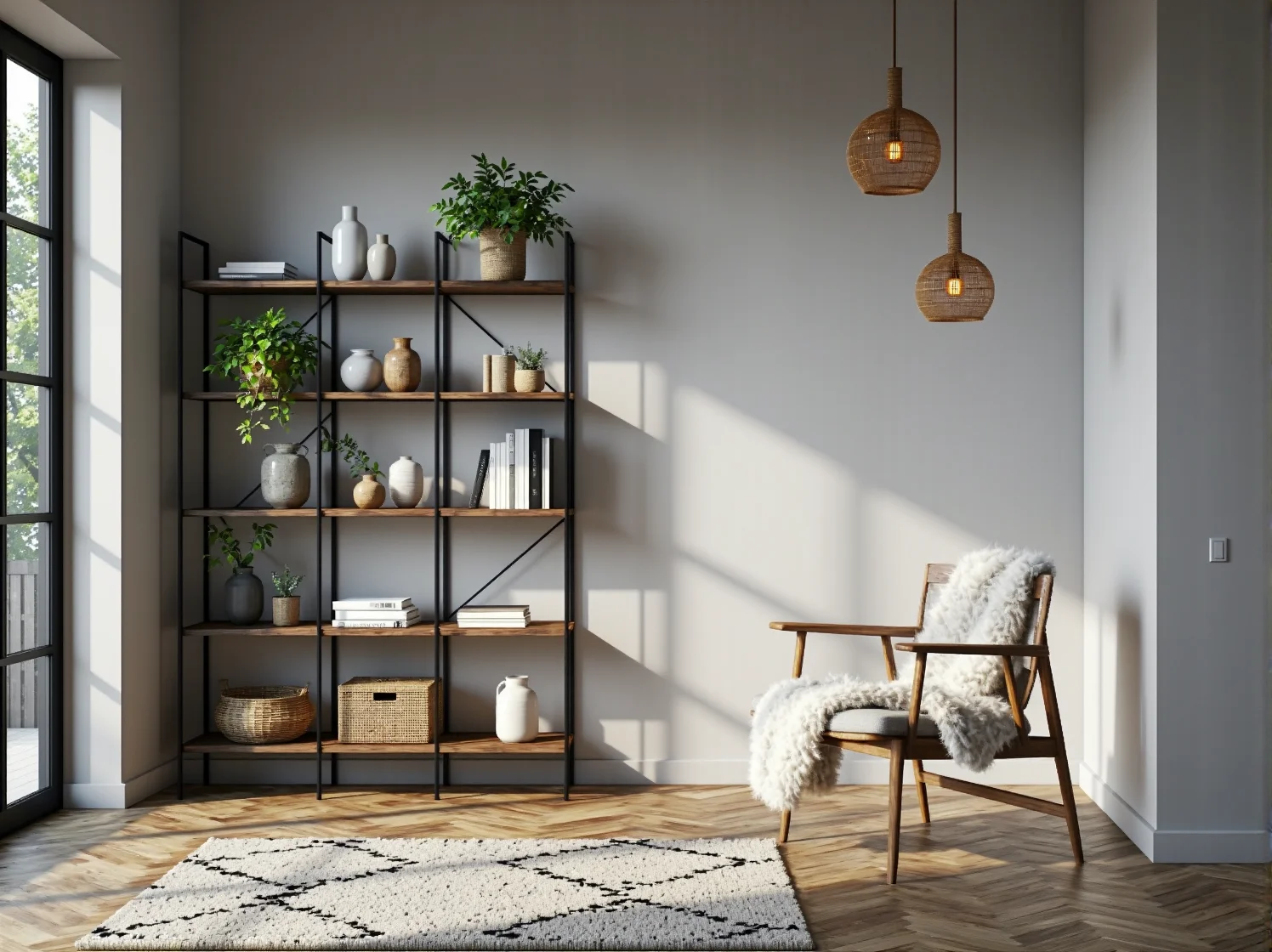 Zbliżenie na industrialny stół w jadalni – połączenie surowego drewna z czarnymi metalowymi nogami.