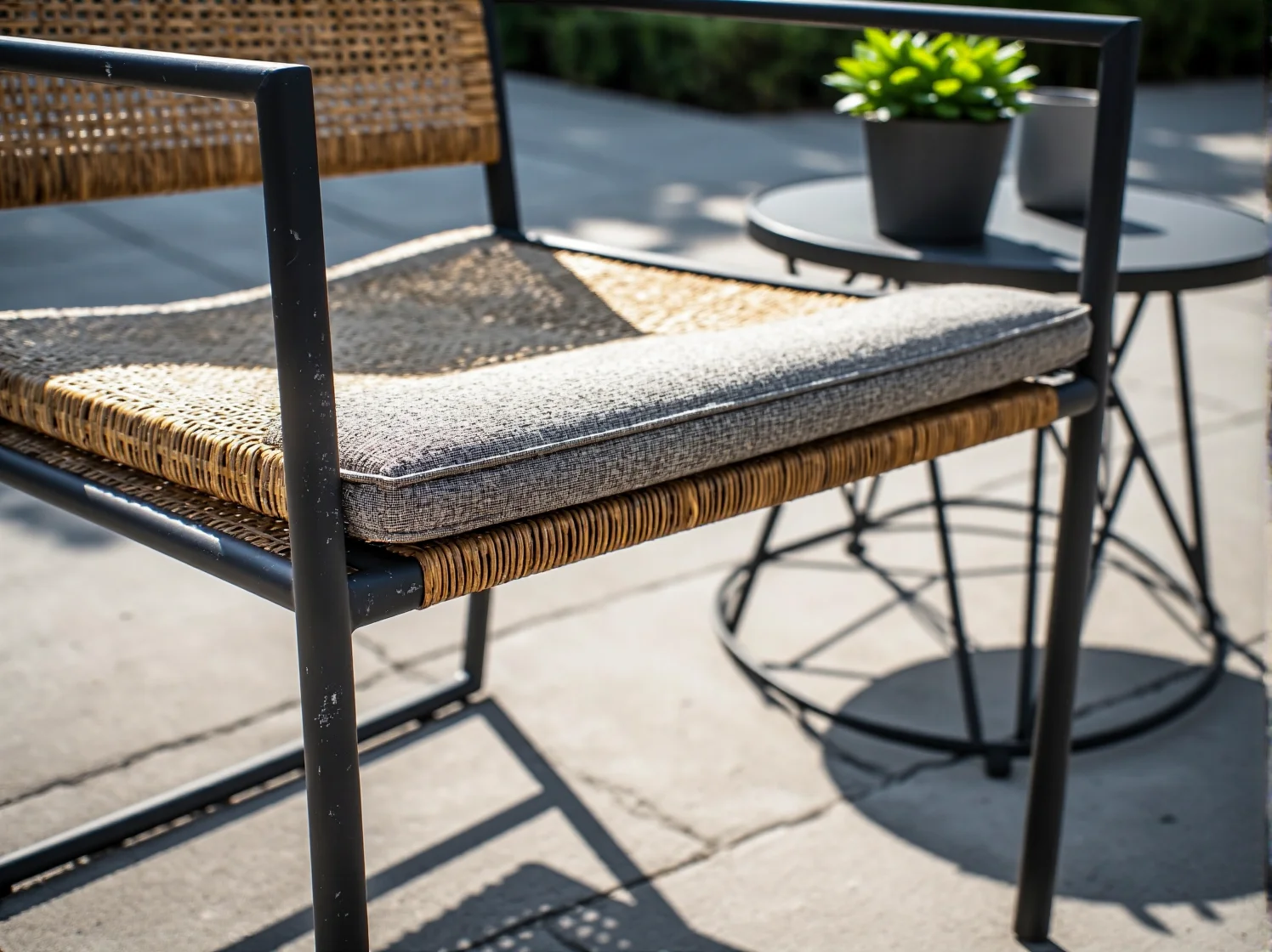 Industrialny stół ogrodowy z metalu i drewna z krzesłami na surowym tarasie.