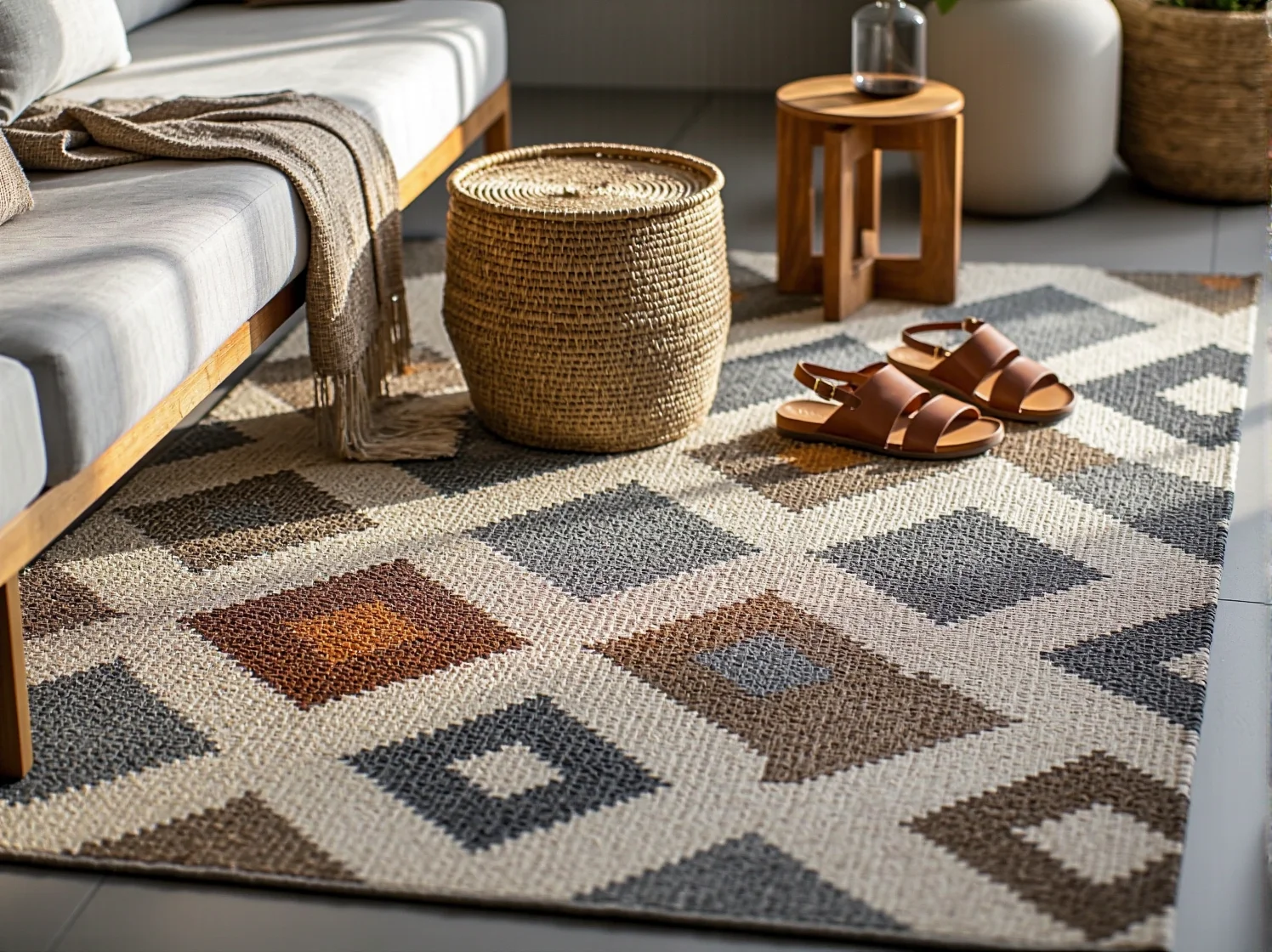 Kolorowy stół z mozaiką w śródziemnomorskim kąciku wypoczynkowym na tarasie.